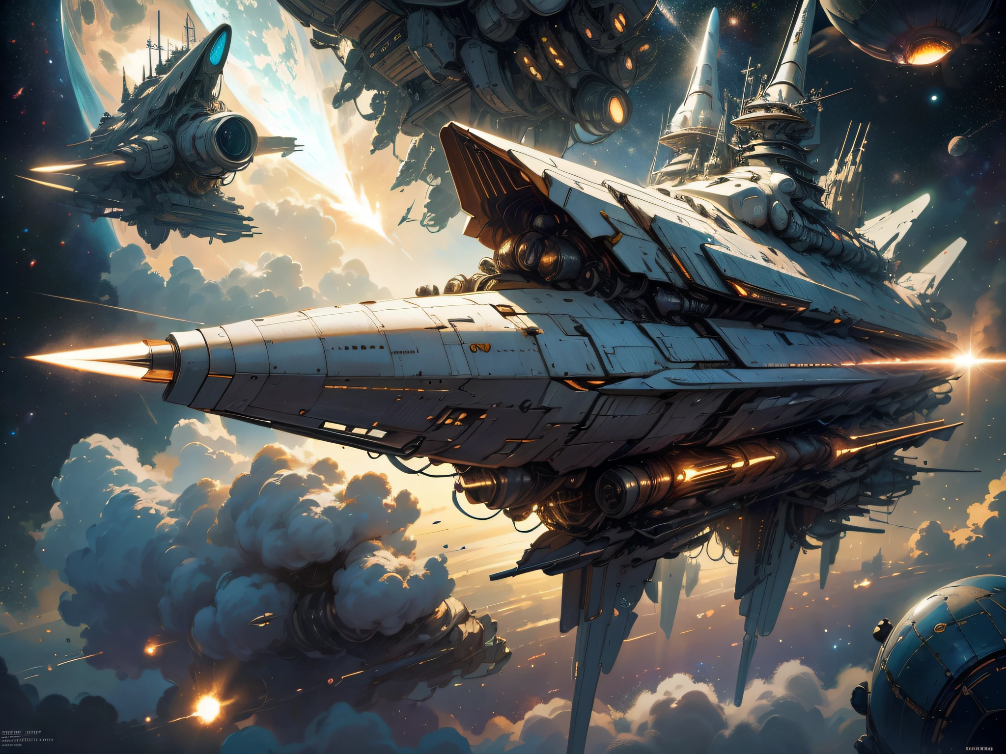 A futuristic hypersonic giant spaceship flying in the deep space, warship that ressembles to a concorde of a very far futur, a field of stars and planets, fantasy deep space background, wallpaper, printable