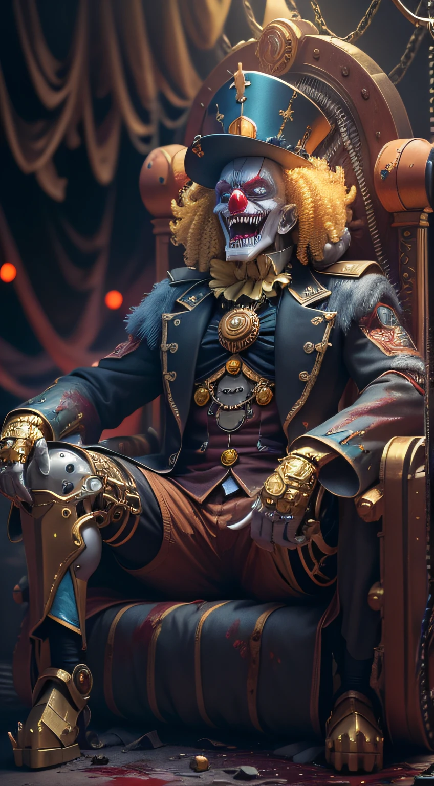 Crazy Cyborg Clown Emperor,sitting on a golden throne,Wearing a clown hat, (Mechanical limbs made of metal),Circus props,Laughing, deep blonde hair.((Blood fog)),creepy atmosphera,(abandoned amusement park). surrealist style, vivd colour,sharp contrast, ominous lighting, High Density Imaging Review, Ultra-high definition, Studio Lighting,physically-based renderingt, Professional (Scary style).(Best Quality,4K,8K,hight resolution,masutepiece:1.2),(Realistic,Photorealistic,Photorealsitic:1.37).