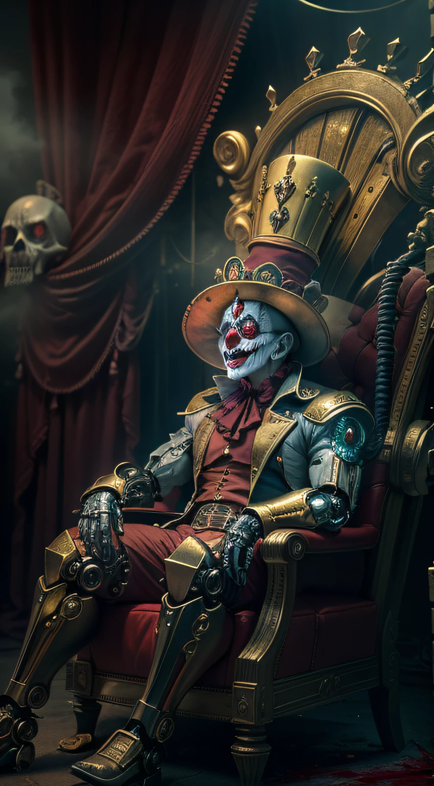 Crazy Cyborg Clown Emperor,sitting on a golden throne,Wearing a clown hat, (Mechanical limbs made of metal),Circus props,Laughing, deep blonde hair.((Blood fog)),creepy atmosphera,(abandoned amusement park). surrealist style, vivd colour,sharp contrast, ominous lighting, High Density Imaging Review, Ultra-high definition, Studio Lighting,physically-based renderingt, Professional (Scary style).(Best Quality,4K,8K,hight resolution,masutepiece:1.2),(Realistic,Photorealistic,Photorealsitic:1.37).