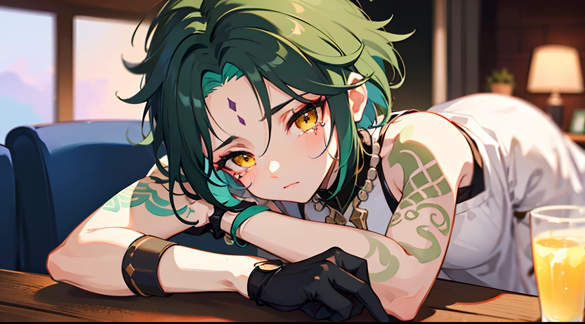 Hot man, dark teal hair, fluffy shoulder length hair, middle part, yellow eyes, pale skin, diamond on forehead, red cheeks, aroused, breathless, apron, plants, nsfw, pubic hair, lean body, juicy long cock, precum, solo male, hot facial expressions, desperate, wet, dominant 