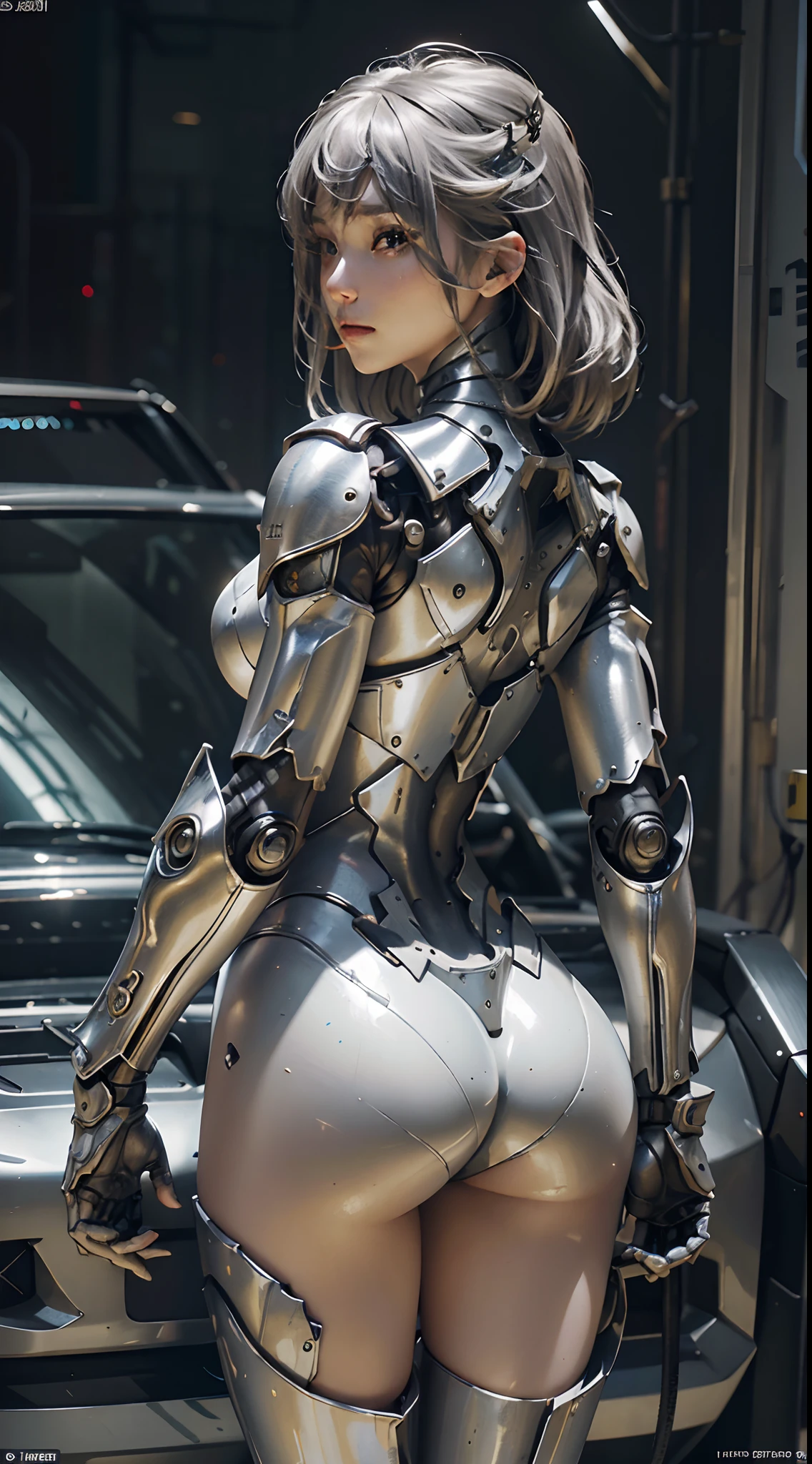 (Masterpiece), (Best quality), Photorealism, Realistic, Ultra detailed, Perfect face, Perfect body, 1girll, Beautiful girl, Girl in silver armor, Mechanical armor, exoskeleton, Stand, Cool pose, Sexy, Watching from behind