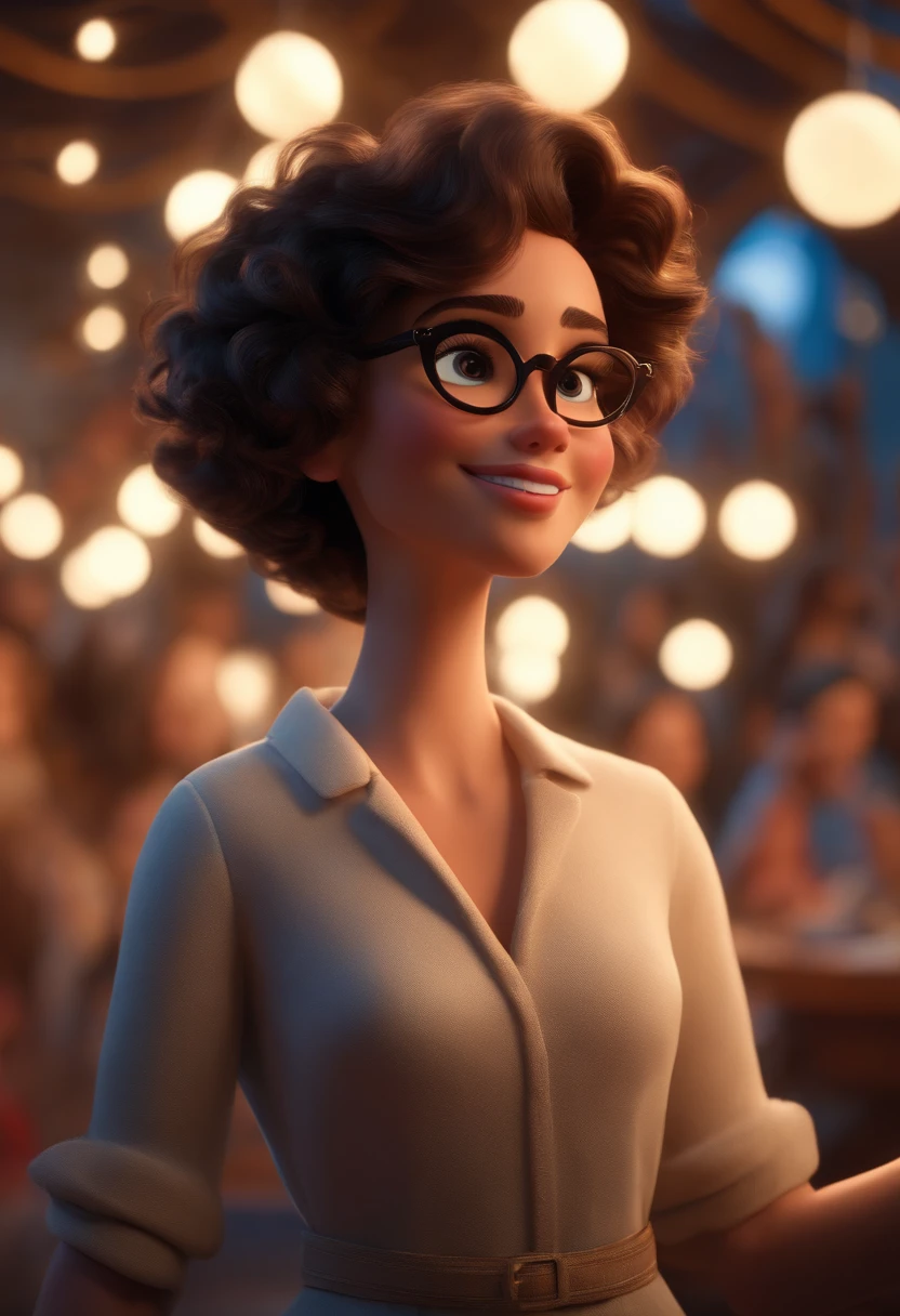 Pixar style image with 3D character white glasses brunette woman short curly hair dancing, Maquiagem Disney,Pescador, bonitinho, sorridente ,Close-up, Pixar, Disney, Cinema lighting,