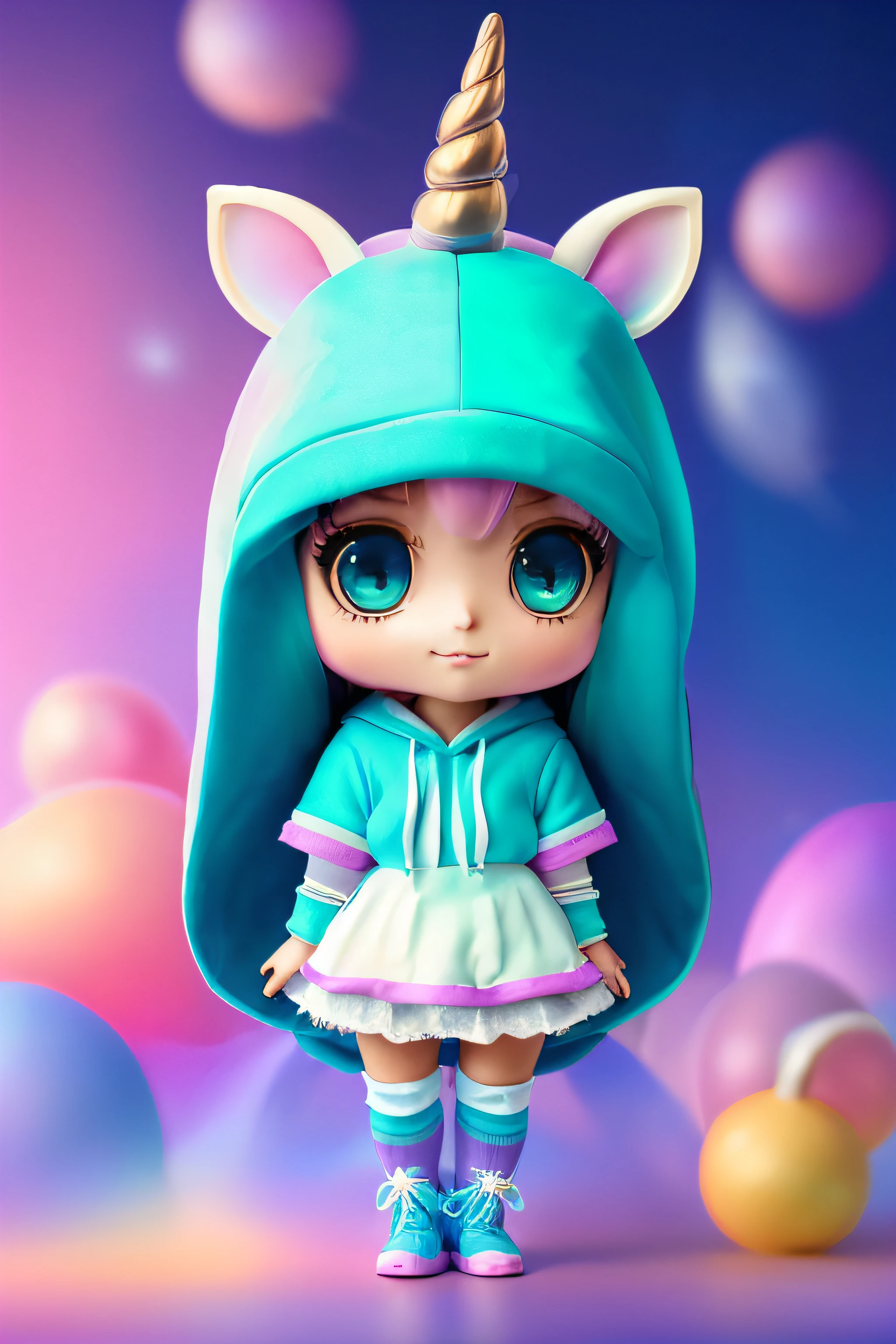 chibi girl fairy with long hair wearing oversized hoodie and thigh socks, small unicorn,