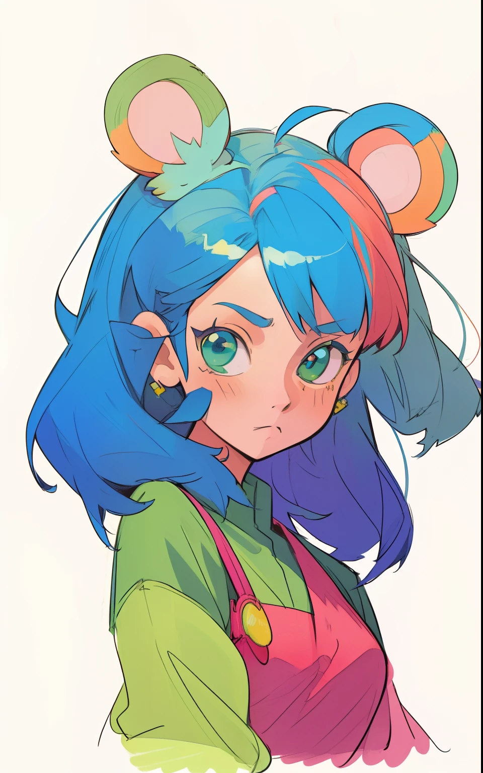high detail, high resolution, digital art, loish, artgerm, xeronis, gloss the artist, garden background, add an amazing complimentary background, soft light, a close up of a cartoon girl with blue hair and a green shirt, 2 d anime style, colorful sketch, colored sketch, flat anime style shading, colorized pencil, anime style portrait, painted in anime painter studio, semirealistic anime style, anime styled, colored screentone, sketchy artstyle, anime stylized, colored sketch anime manga panel with green bear ear hair clips on her head and flowy hair