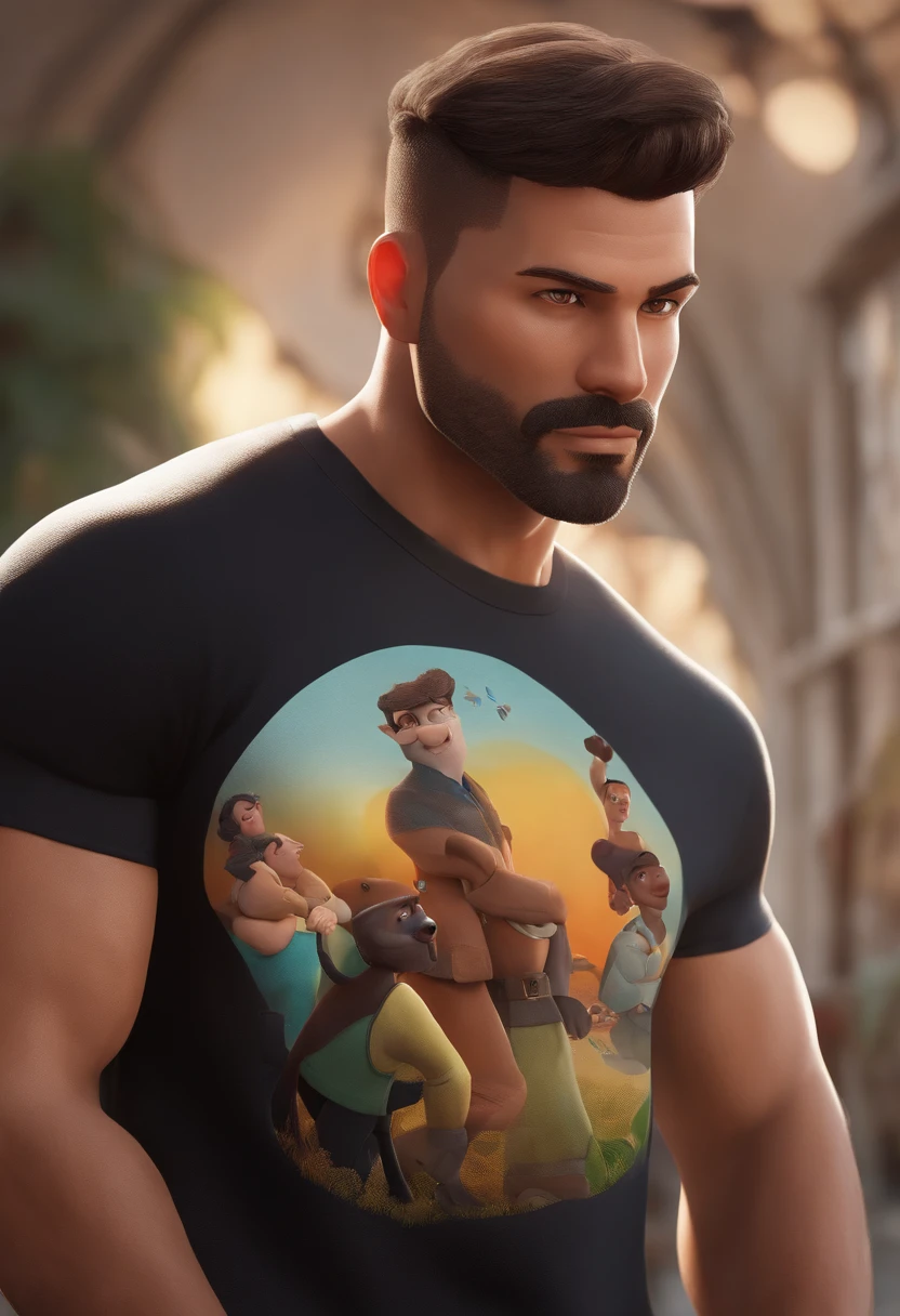 Create a character based on the Disney Pixar universe, put all the art in vibrant colors and detailed textures, he is 40 years old, Brazilian, Left eyebrow failure, Hair Side Swept Crew Cut, closed gaze, light brown eyes deep look, has a short beard, is white and is wearing a black t-shirt written "StartEcom"