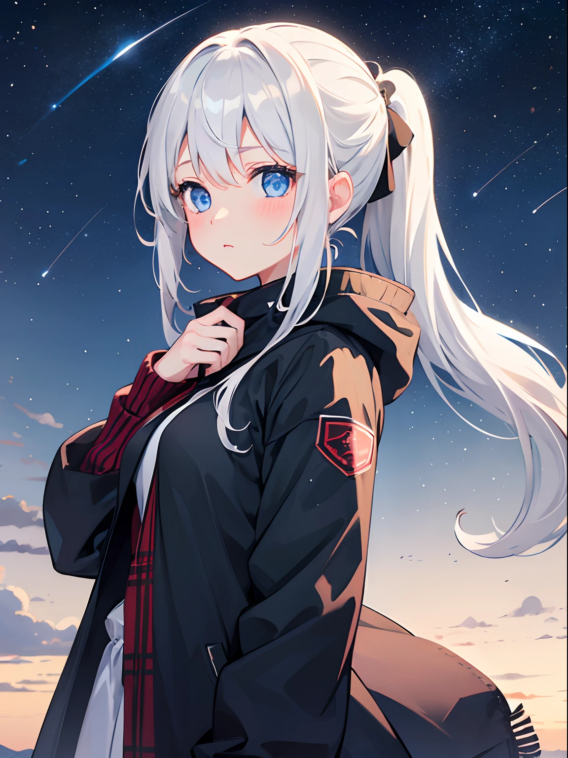 1girl in, Medium White Hair, Beautiful sky blue eyes, Pony tail, Cute, blush, medium breasts, winter, outdoors, night, starry sky, warm clothes