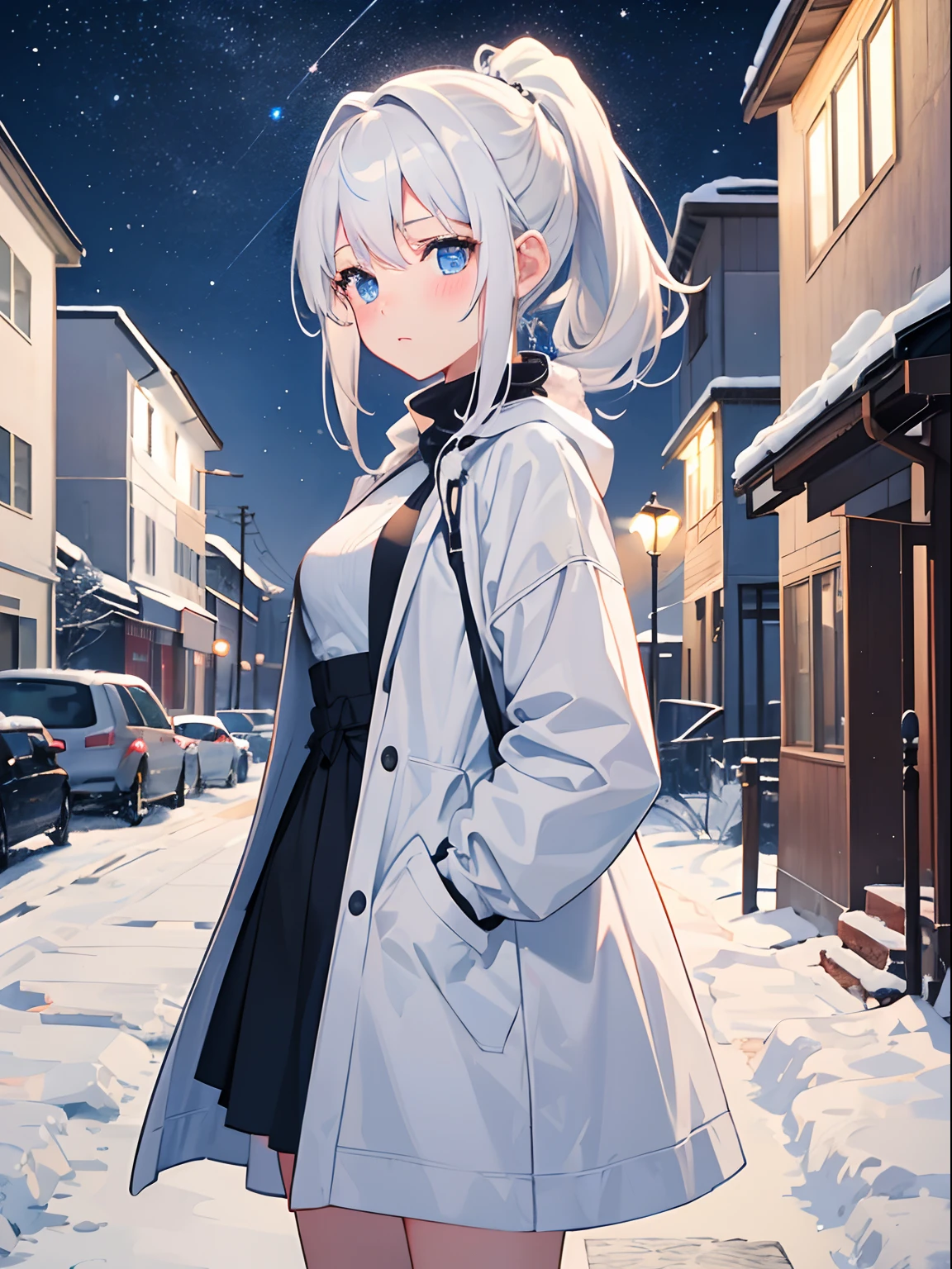 1girl in, Medium White Hair, Beautiful sky blue eyes, Pony tail, Cute, blush, medium breasts, winter, outdoors, night, starry sky, warm clothes