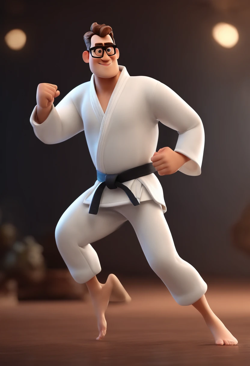 Cartoon Character Of A Man Wearing Black Glasses And A White Judo Gi , um personagem animado, Caractere estilizado, animation style rendering, 3D estilizado, Arnold Maya render, 3 d render stylized, toon render keyshot, Personagem 3D, Personagem 3D, 3d rendering stylized, 3 d character render, personagem de desenho animado, Personagem de close up, Pose de personagem, (Estilo Pixar) (master part:1.2) (Bokeh) (best quality) (pele detalhada) (textura detalhada) (8k) (argila) (Cinematic lighting) (foco nítido,Senta e vaza a parte superior do corpo