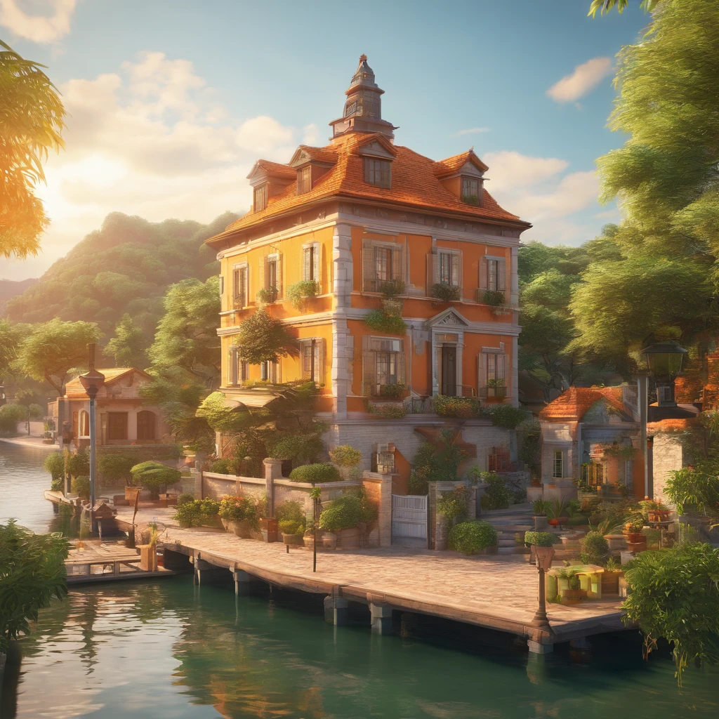 create a cover of a storybook about the history of a town, with a background of lush vegetation, a river of crystal clear water that passes through the middle of the town, a colonial-type house with orange tiles, rich in culture and tradition.