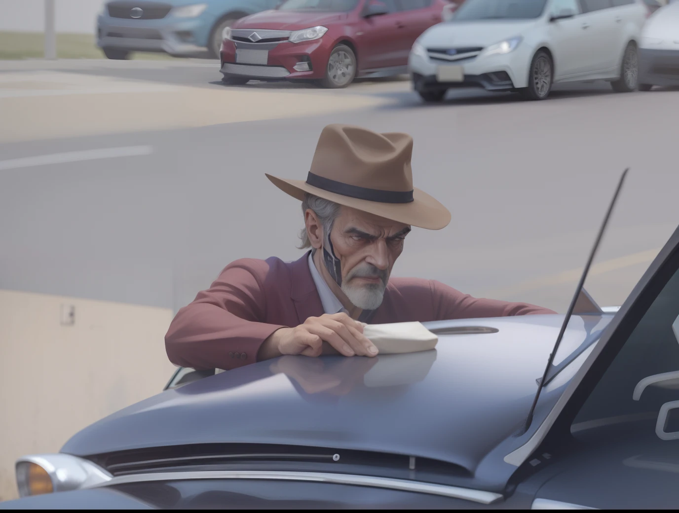 There's a man in a hat and mask on the hood of a car, a criatura senta-se em um carro, a criatura vende um carro usado, Estilo Freddy Krueger, espantalho, Freddy Krueger, he is wearing a hat, espantalho masculino poderoso, anonymous as a car, imagem assustadora em cores, Imagens vazadas, cursed images, stupid idiot cryptid