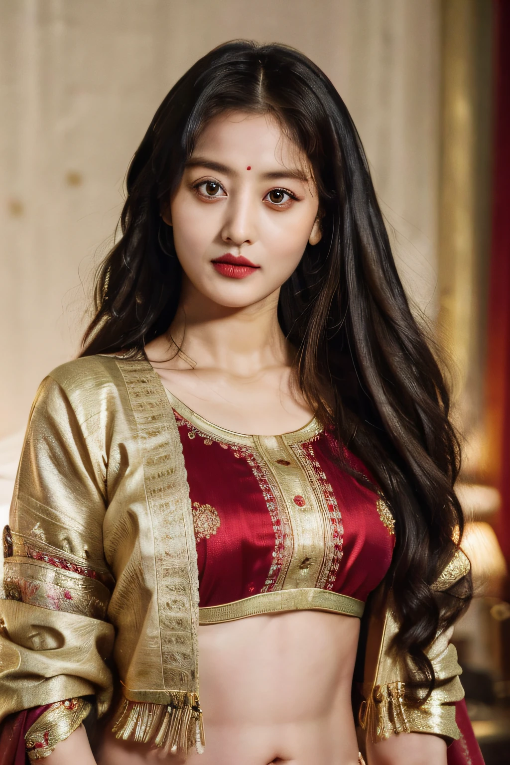 (forehead, cropped jacket, abs, midriff, frown, long hair, brown hair, eyeliner:1.3), (masterpiece, best quality, beautiful quality), (photorealistic:1.4), (detailed lighting, extremely detailed skin, extremely detailed hair, shadows, 8k, a picture of a Jihyo, 1girl:1.2), looking at viewer, (High Key Lighting), masterpiece, top quality, best quality, official art, unity 8k wallpaper, highres, ultra-high res, ultra-detailed, beautiful and aesthetic wearing saree, red saree