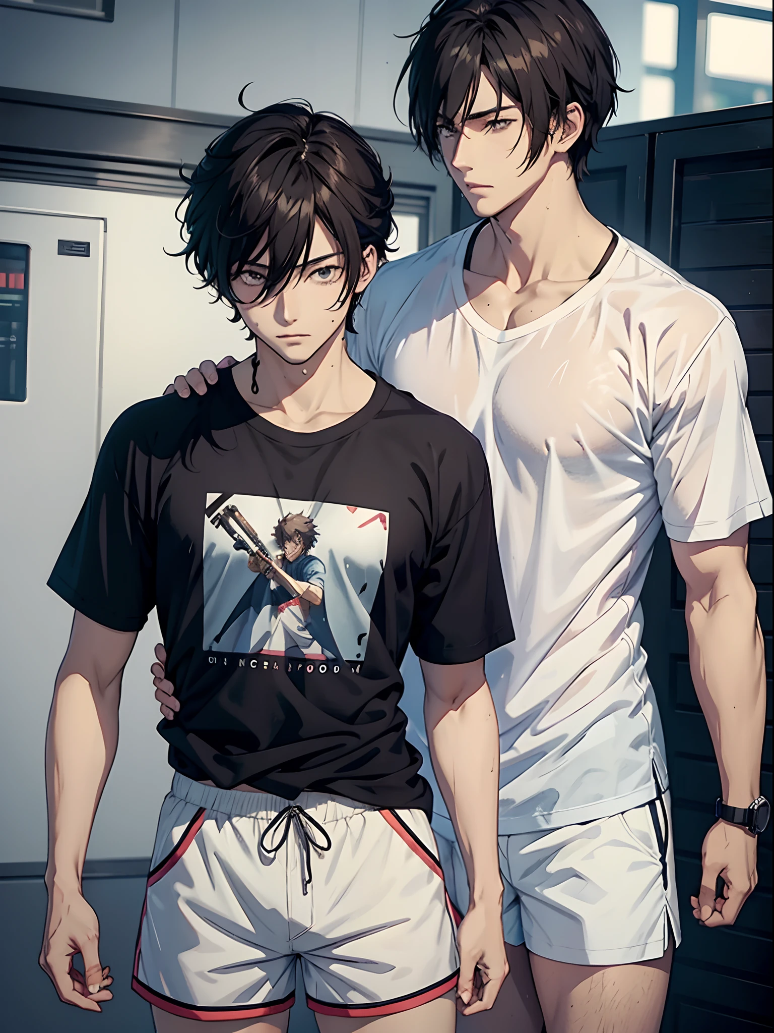 anime handsome man, transperent shirt, wet hair, shorts