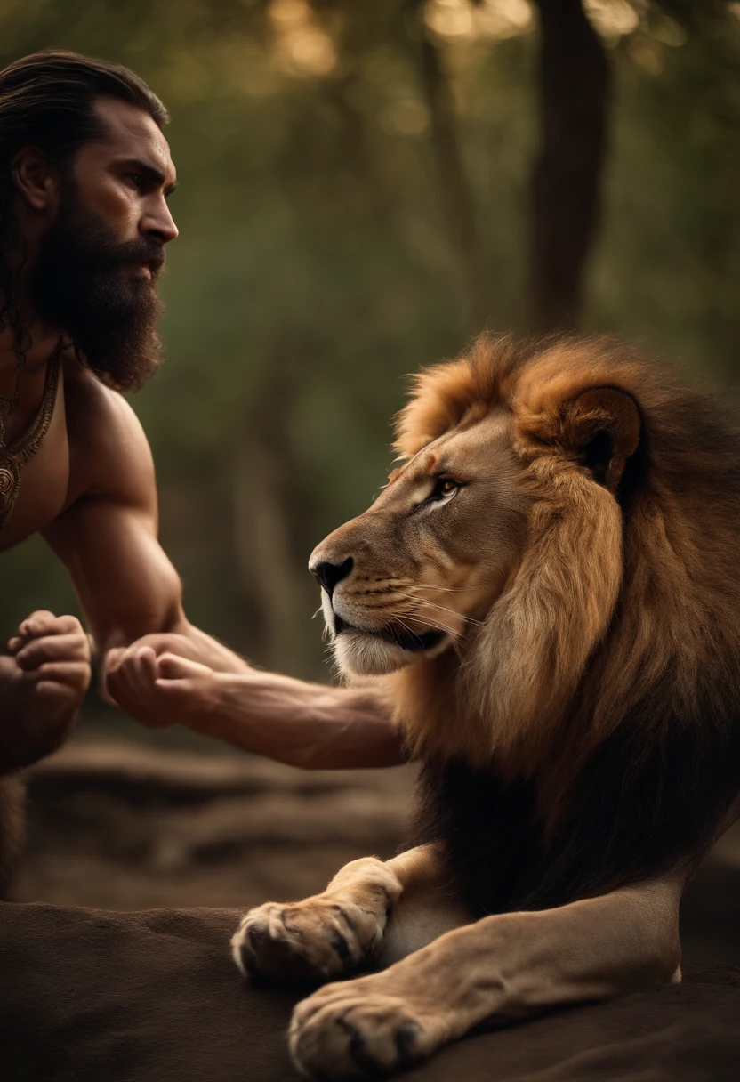 A lion and a Samson, Fierce fight with lion, Cinematic and realistic image with a very detailed environment