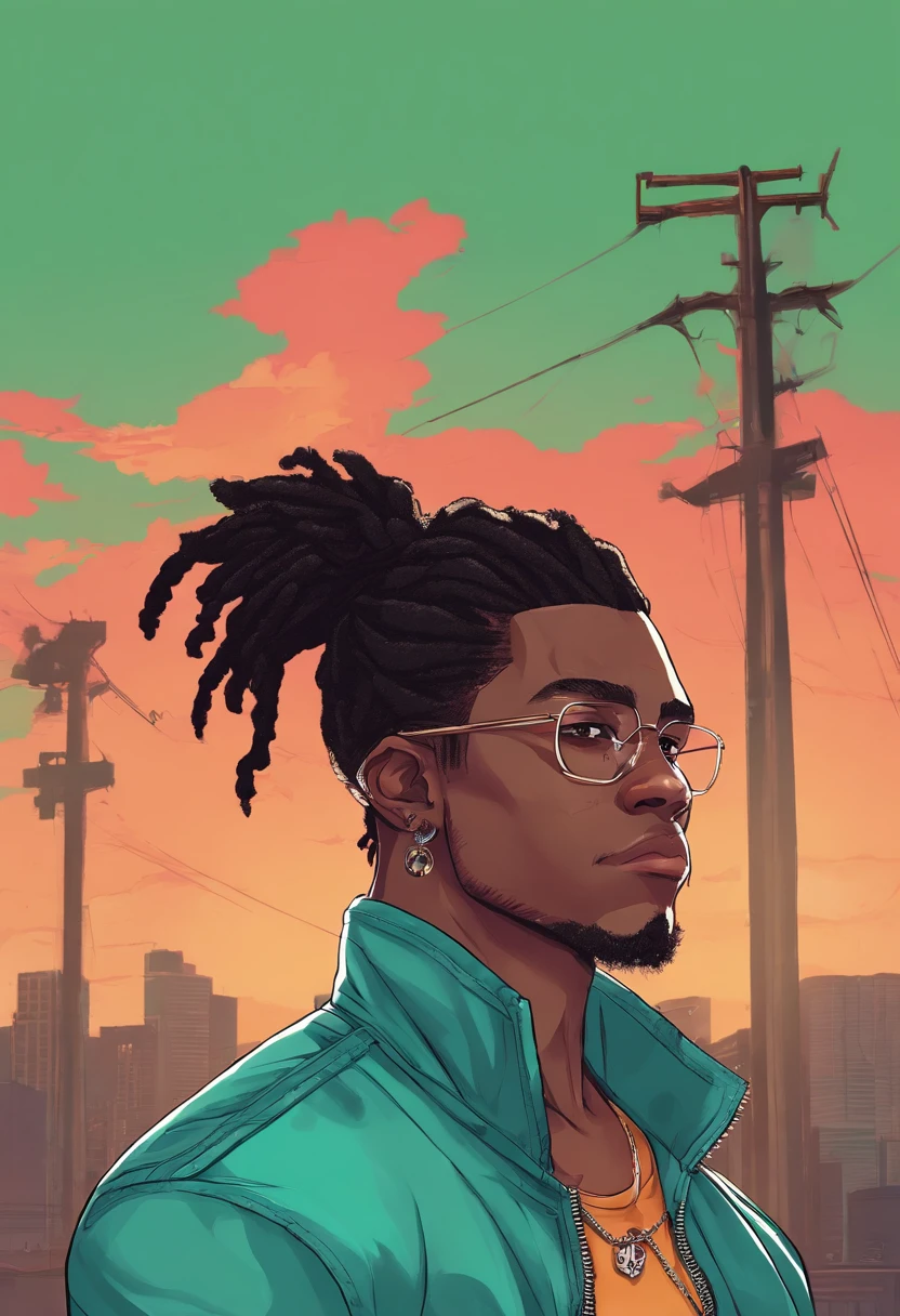 (Qualidade Superior, 16k, master part: 1.3)), jovem negro, Retrato de um homem adulto de pele escura(Afro-americano:1.2 , 2 0 anos) com dreadlocks pretos escuros e uma camisa branca, fanart de urbano, solo portrait 🎨🖌️, estilo de arte desconhecido, retrato detalhado do caractere, black anime manga girl, fundo urbano da cidade , Olhos verdes aqua, Anime detalhado soft face, menino, estilo anime masculino, retrato de meio corpo, Textura altamente detalhada do rosto e da pele, Olhos detalhados