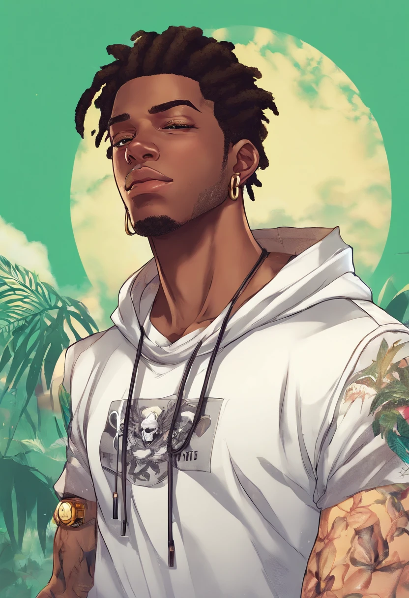 (Qualidade Superior, 16k, master part: 1.3)), jovem negro, Retrato de um homem adulto de pele escura(Afro-americano:1.2 , 2 0 anos) com dreadlocks pretos escuros e uma camisa branca, fanart de urbano, solo portrait 🎨🖌️, estilo de arte desconhecido, retrato detalhado do caractere, black anime manga girl, fundo urbano da cidade , Olhos verdes aqua, Anime detalhado soft face, menino, estilo anime masculino, retrato de meio corpo, Textura altamente detalhada do rosto e da pele, Olhos detalhados