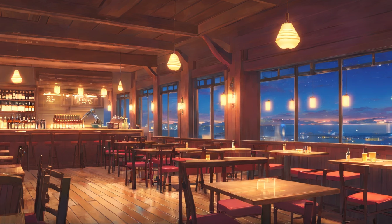 Cafe, Wine table and large windows, interior background art,a tavern empty, at night,