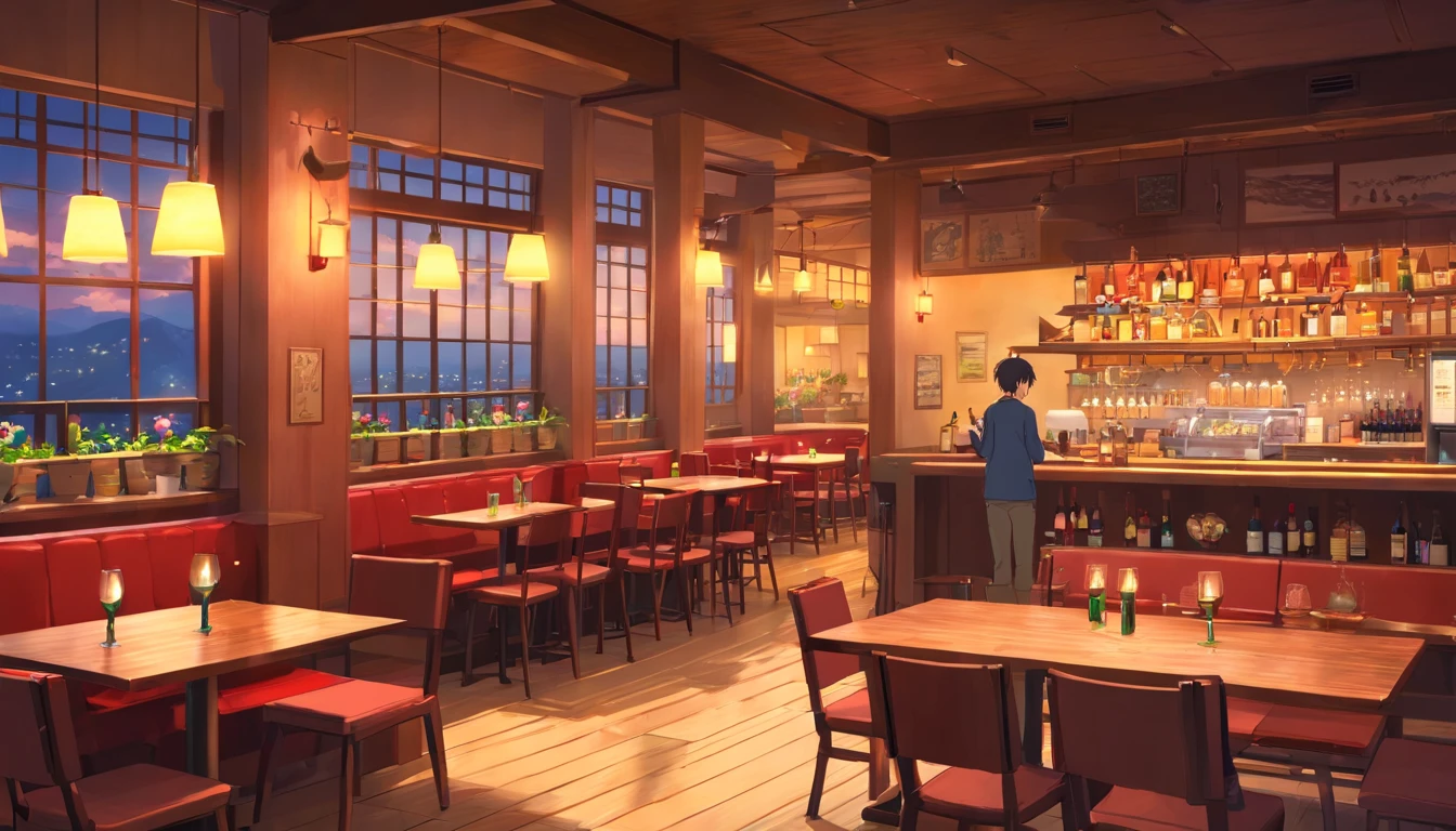 Cafe, Wine table and large windows, interior background art,a tavern empty, at night,