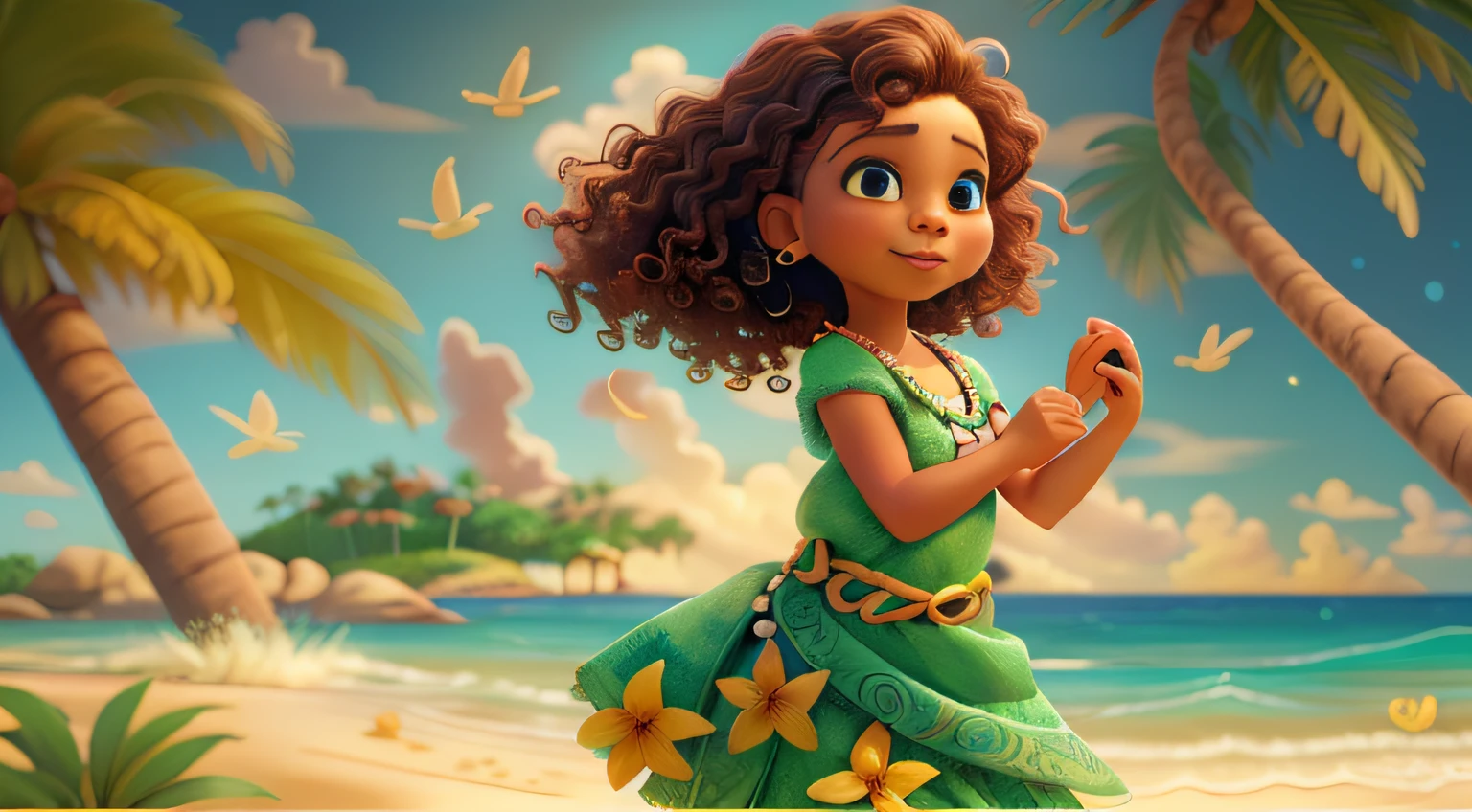 a 4--old l in the environment of Moana,illustration or oil painting style,curly hair,wavy hair dress,adorable face expression,tropical beach background,beautiful detailed eyes,beautiful detailed lips,sun-kissed skin color,colorful flowers in the hair,delicate pearl necklace,hula dance pose with hands up,sparkling ocean waves in the distance,tropical birds flying in the sky,soft sunset lighting,vivid colors,emerald green palm trees,crystal clear water,serene and magical atmosphere.