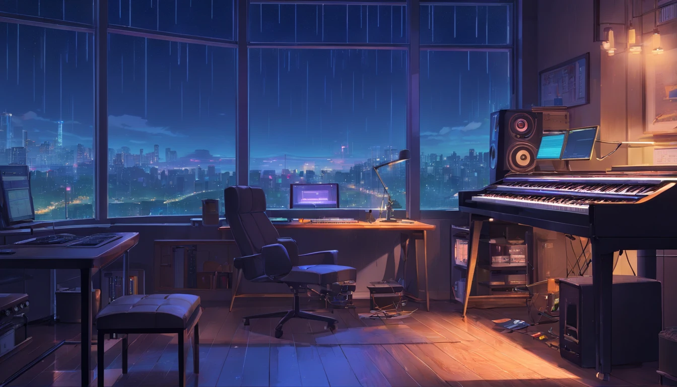 Music studio room,Dark room, Night, Computer, keyboard, Earphone, Monitor the speaker, pianos,guitar , Small lights, Background, sofe,, rain, Night sky, Night City, absurderes, A high resolution, ultrasharp, 8K, Masterpiece