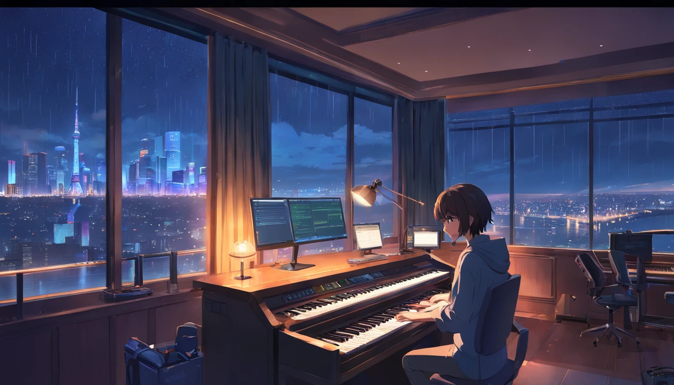 Music studio room,Dark room, Night, Computer, keyboard, Earphone, Monitor the speaker, pianos,guitar , Small lights, Background, sofe,, rain, Night sky, Night City, absurderes, A high resolution, ultrasharp, 8K, Masterpiece