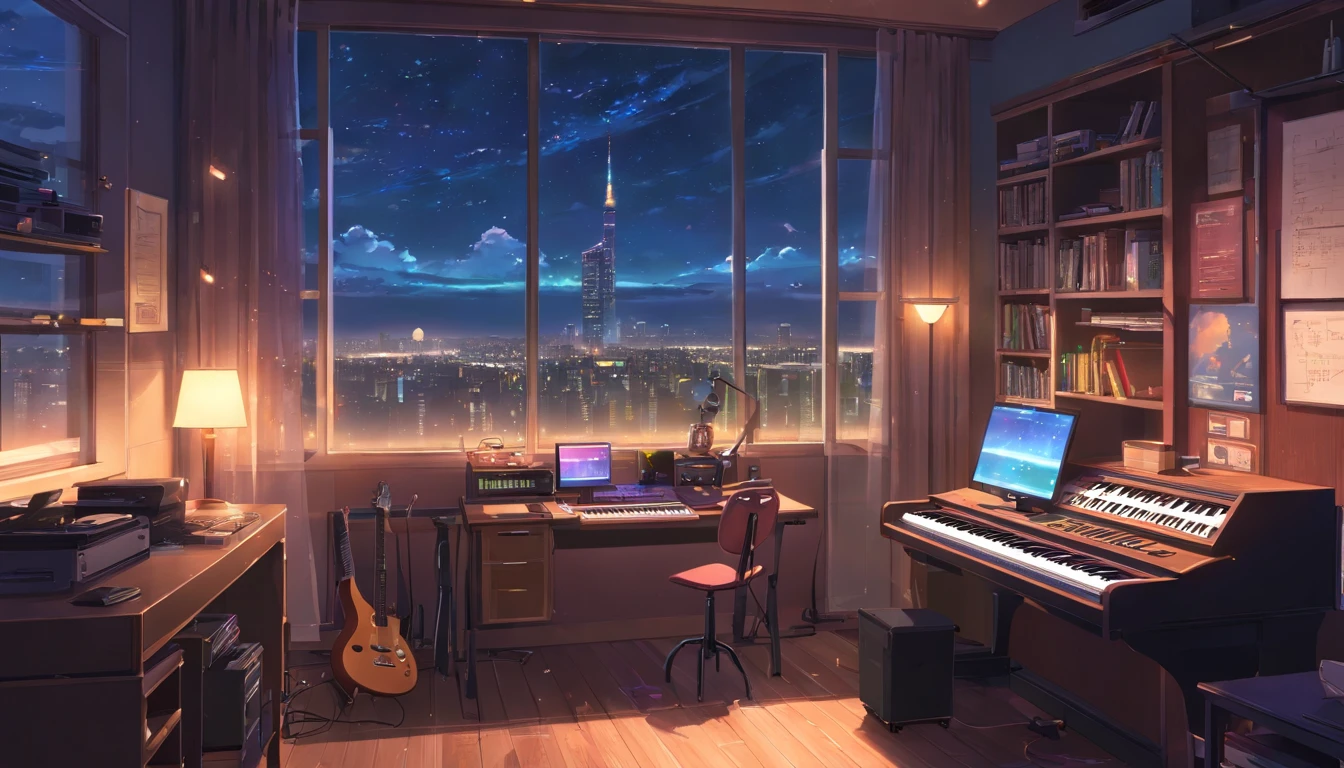 Music studio room,Dark room, Night, Computer, keyboard, Earphone, Monitor the speaker, pianos,guitar , Small lights, Background, sofe,, rain, Night sky, Night City, absurderes, A high resolution, ultrasharp, 8K, Masterpiece
