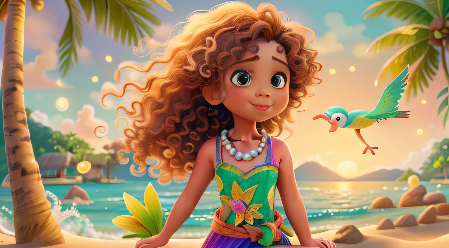 a 4--old l in the environment of Moana,illustration or oil painting style,curly hair,wavy hair dress,adorable face expression,tropical beach background,beautiful detailed eyes,beautiful detailed lips,sun-kissed skin color,colorful flowers in the hair,delicate pearl necklace,hula dance pose with hands up,sparkling ocean waves in the distance,tropical birds flying in the sky,soft sunset lighting,vivid colors,emerald green palm trees,crystal clear water,serene and magical atmosphere.