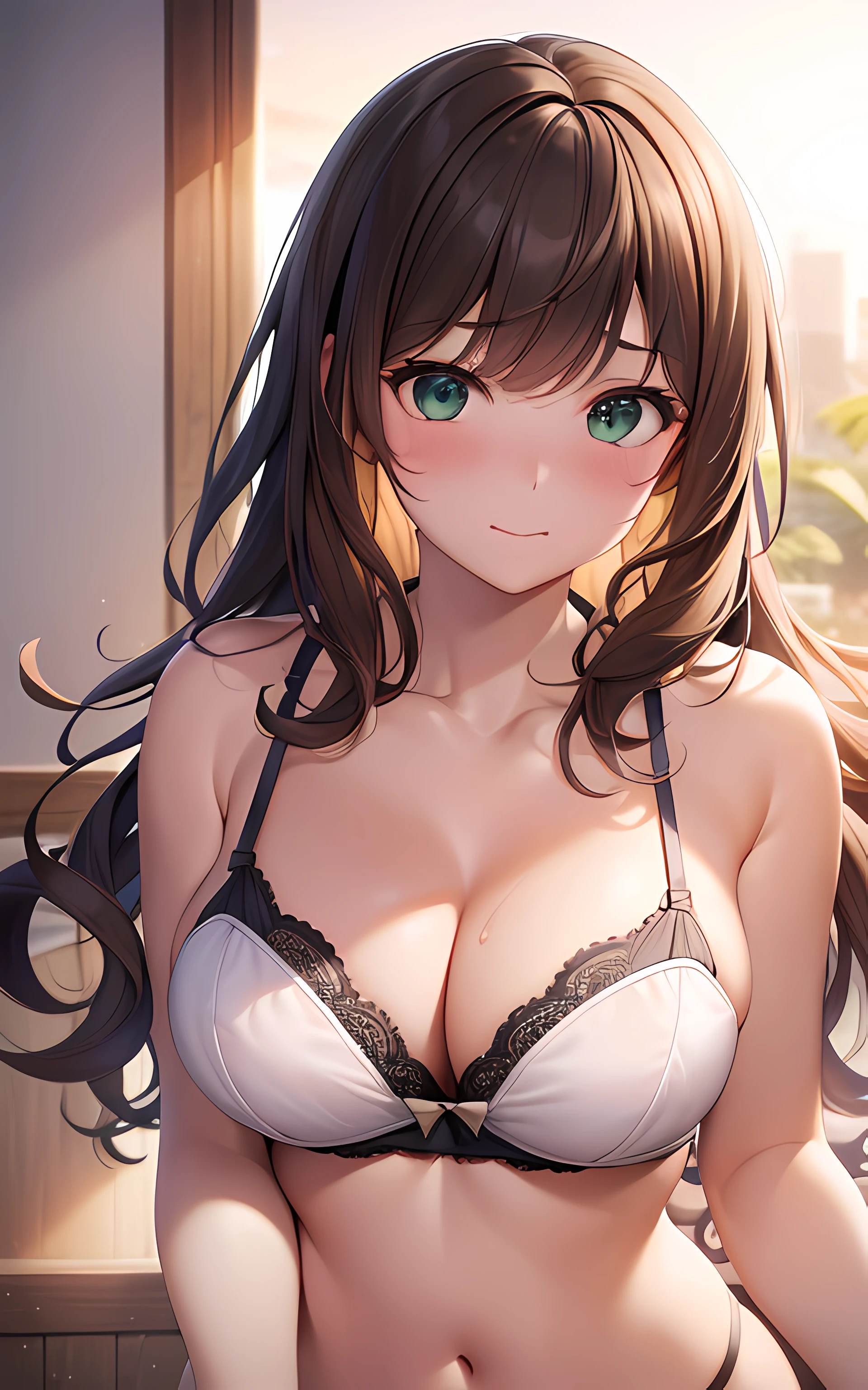((masterpiece, best quality, highres, UHD, perfect pixel, depth of field, 4k, RTX, HDR)), 1girl, single, solo, 24 years old, beautiful anime girl, beautiful artstyle, anime character, ((long hair, bangs, brown hair, curly hair)), (green eyes:1.4, rounded eyes, beautiful eyelashes, realistic eyes), (detailed face, blushing:1.2), (smooth texture:0.55, realistic texture:0.65, photorealistic:1.2, cinematic, anime CG style), medium breasts, perfect body, busty, cleavage, (POV, close up, upper body), ((summer clothes, lingerie, bra, panties, underwear)), (indoor, beside the window), ((side light, natural light, sunrise)), embarrassed face, sighing expression, looking at viewer