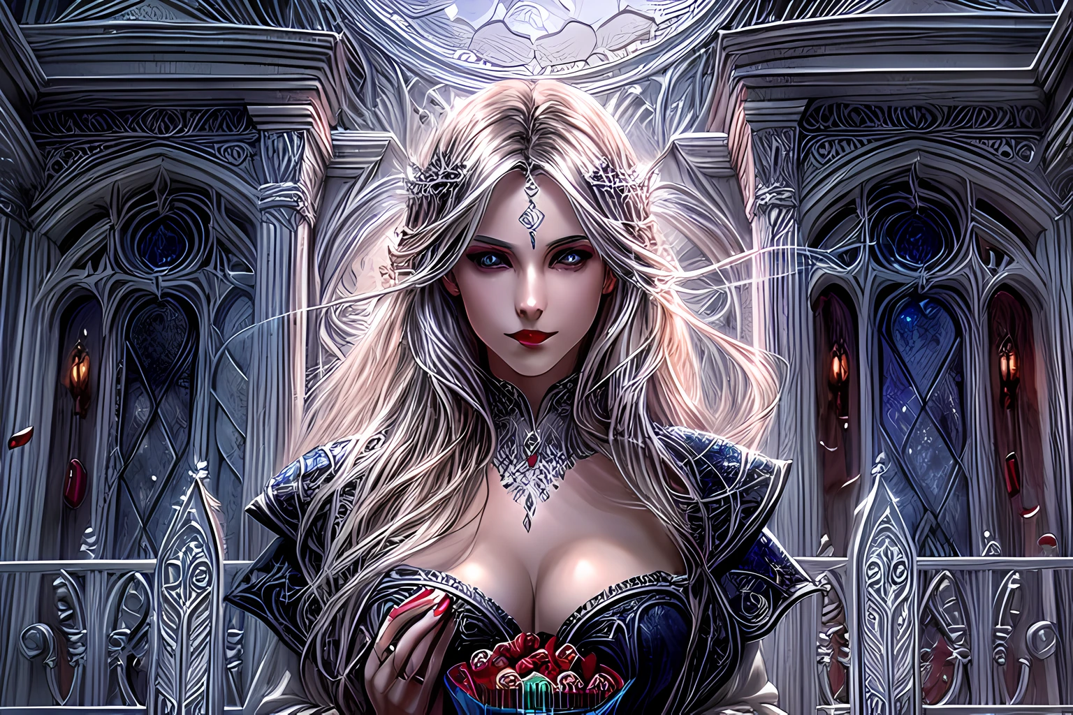icture of vampire standing in the front of her home holding a (candy bag: 1.2), an exquisite beautiful female vampire in her front door of her home, full body (ultra detailed, Masterpiece, best quality), ultra detailed face (ultra detailed, Masterpiece, best quality), grey skin: 1.3 , blond hair, hair in a ponytail, long hair, blue eyes, cold eyes, glowing eyes, intense eyes, smile with [drops of blood on face] (ultra detailed, Masterpiece, best quality), dark red lips, [vampire fangs], wearing white dress (ultra detailed, Masterpiece, best quality), dark blue cloak, high heeled boots in front of her home, (holding a candy bag: 1.4), high details, best quality, 16k, [ultra detailed], masterpiece, best quality, (ultra detailed), full body, ultra wide shot, photorealism, luis royo style, dark fantasy art, moon light coming through the window, moon rays, gothic art, sense of dread, sense of seduction,
