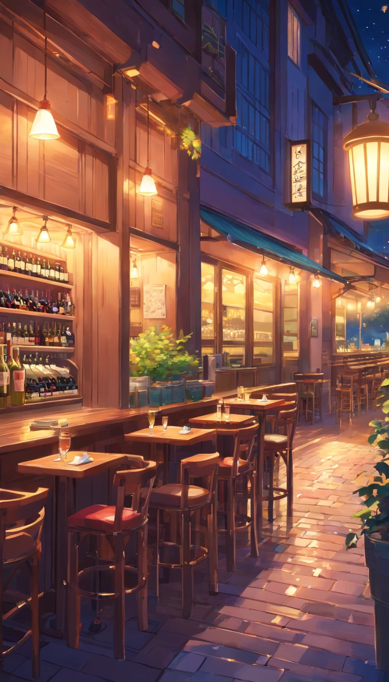 Cafe, Wine table and large windows, interior background art,a tavern empty, at night