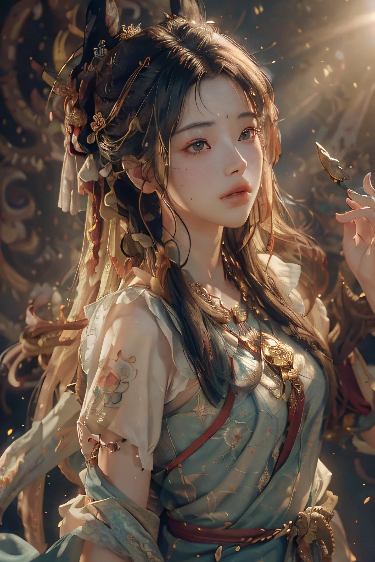 (RAW photo, best quality), (realistic, photo-realistic:1.3),best quality,highly detailed,masterpiece,ultra-detailed,illustration,1girl,upper_body,dynamic angle,world masterpiece theater,messy_long_hair,best quality,extremely detailed CG unity 8k wallpaper,ink,Amazing,cinematic lighting,lens_flare, dunhuang_style