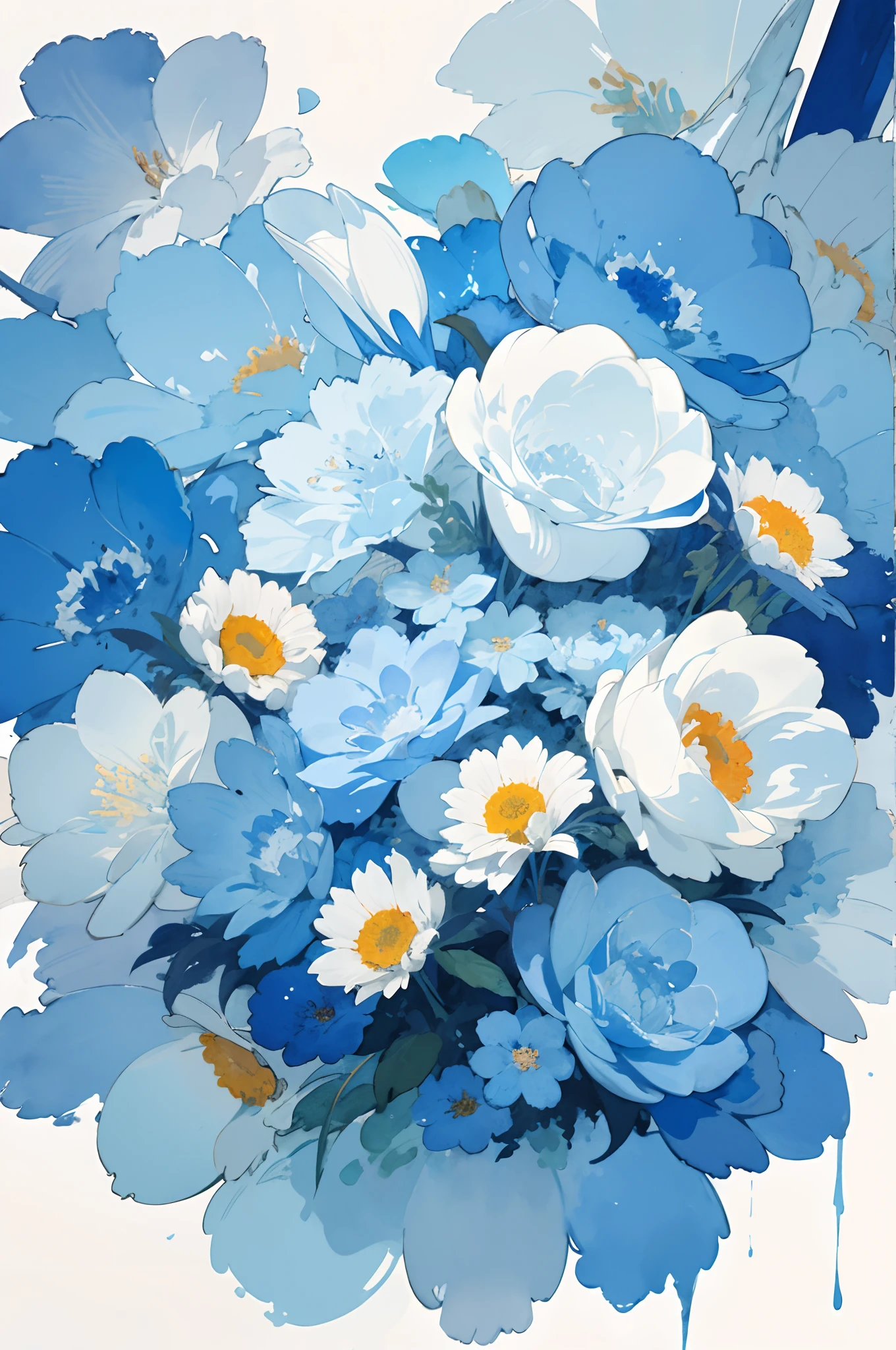 watercolor texture graphic technical blue color masterpiece top quality lots of flowers