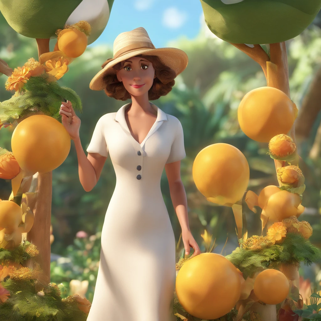 imagine a character in the Pixar version of a 44-year-old woman, white, with short hair, black eyes, her hair is black, with white streaks, she is wearing a straw hat and a large golden ball earring and wearing a white dress. she is in a nature setting