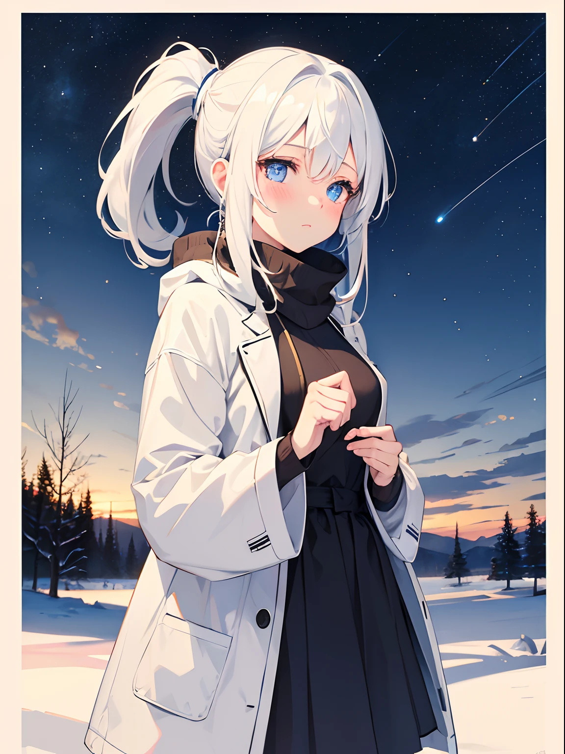 1girl in, Medium White Hair, Beautiful sky blue eyes, Pony tail,   Cute, blush, medium breasts⁩, winter, outdoors, night, starry sky, warm clothes