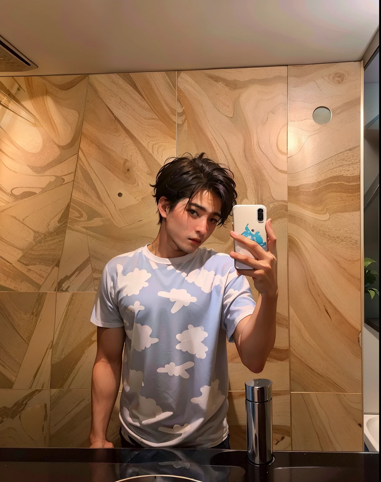 there is a man taking a selfie in a bathroom mirror, No estilo de Tyler Mitchell, full head and shoulders, taken in the early 2020s, tirado no iphone 1 3 pro, suave em _ O pano de fundo, imagem de qualidade muito baixa, tirado no iphone pro, imagem de corpo inteiro, cabelos cacheados e curtos, Tomado com Sony Alpha 9
