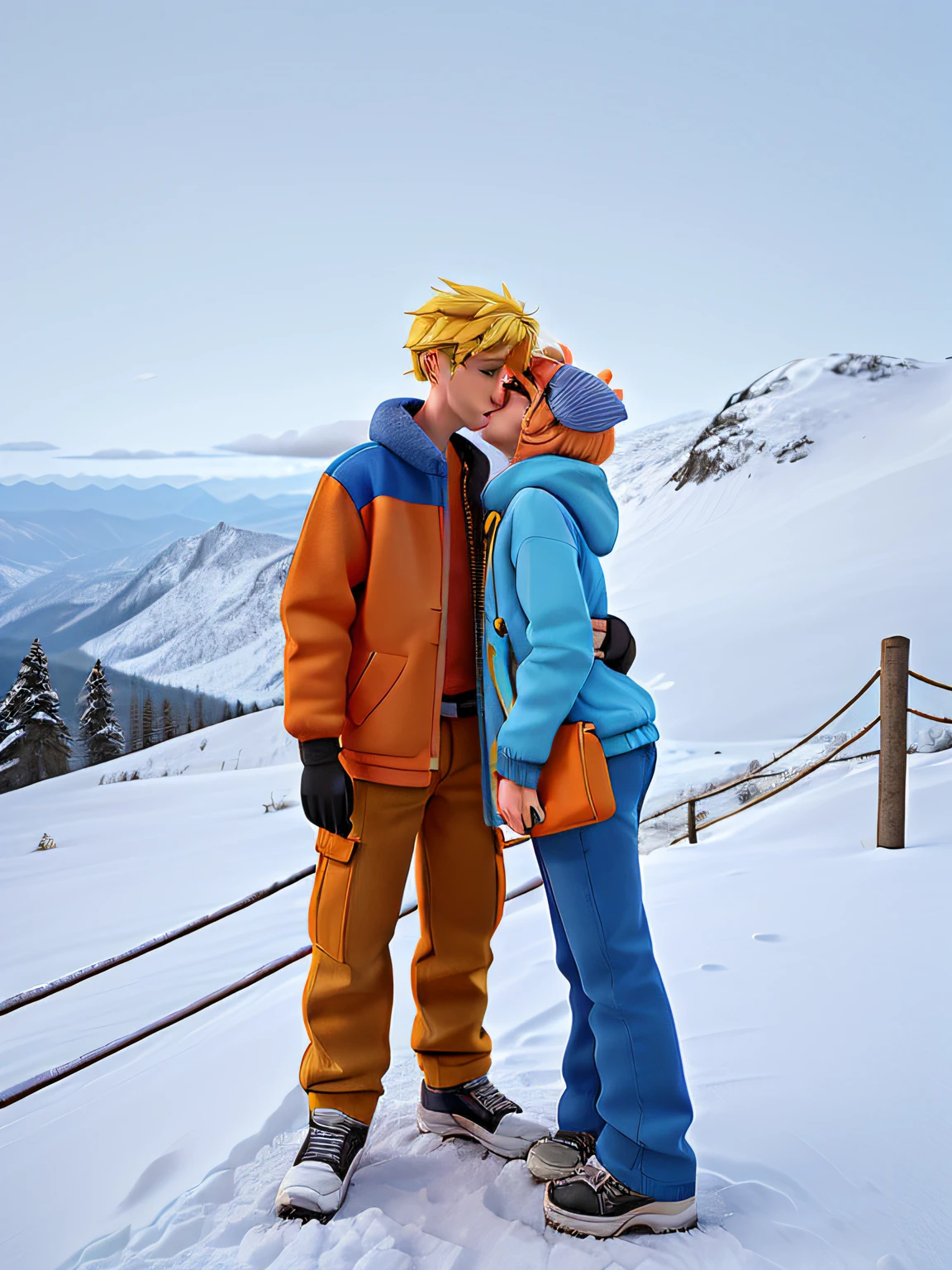 A man wearing orange outerwear and a woman with yellow hair wearing blue outerwear, kissing each other on the cheek amid mountains of snow