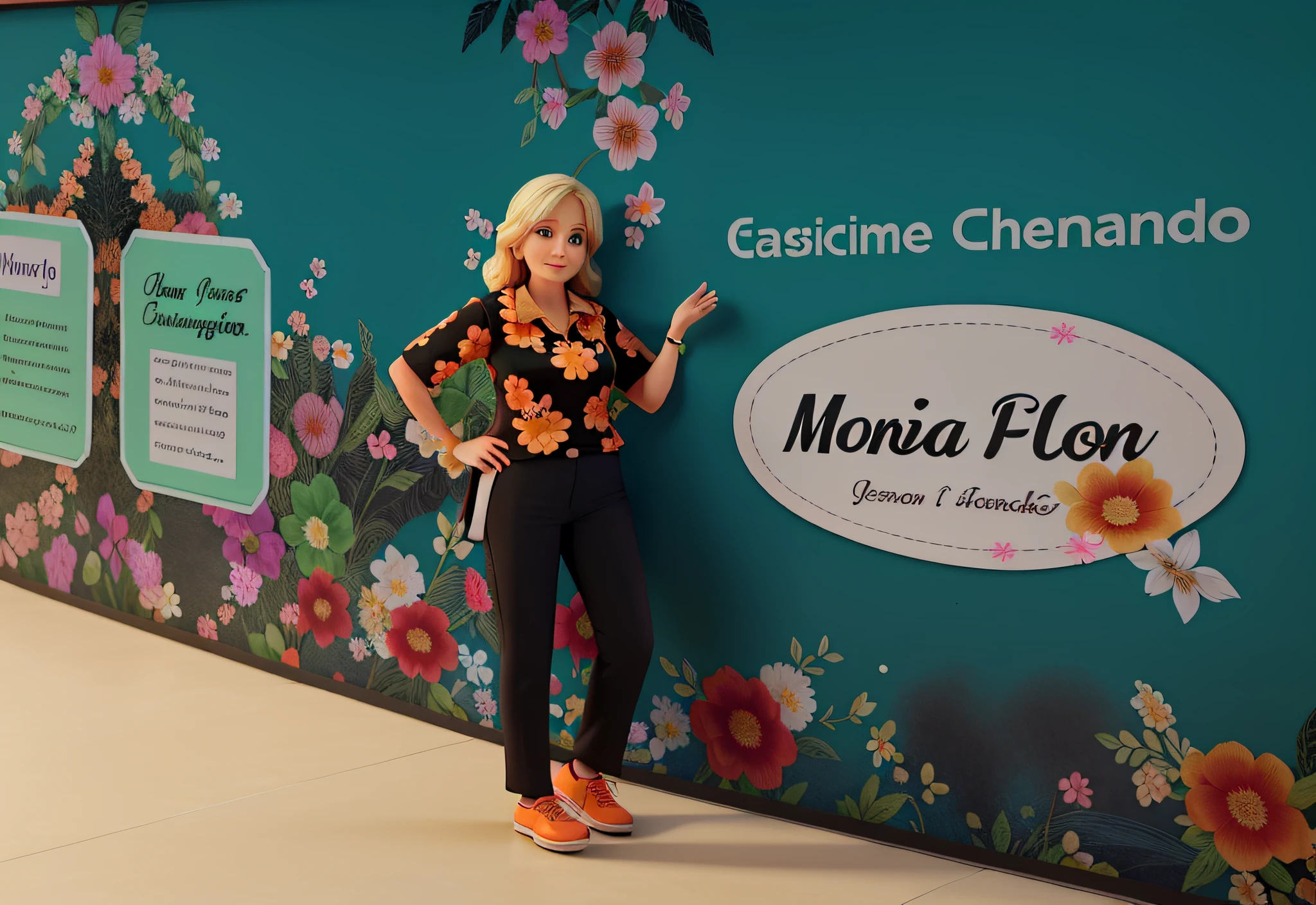 A 50-year-old blonde woman in a flowery blouse and black pants and orange shoes,alta qualidade, ao fundo estampas de flores escrito "estamos chegando" "Maria Flor" o personagem apontando para o fundo, Don't change the writing of the image