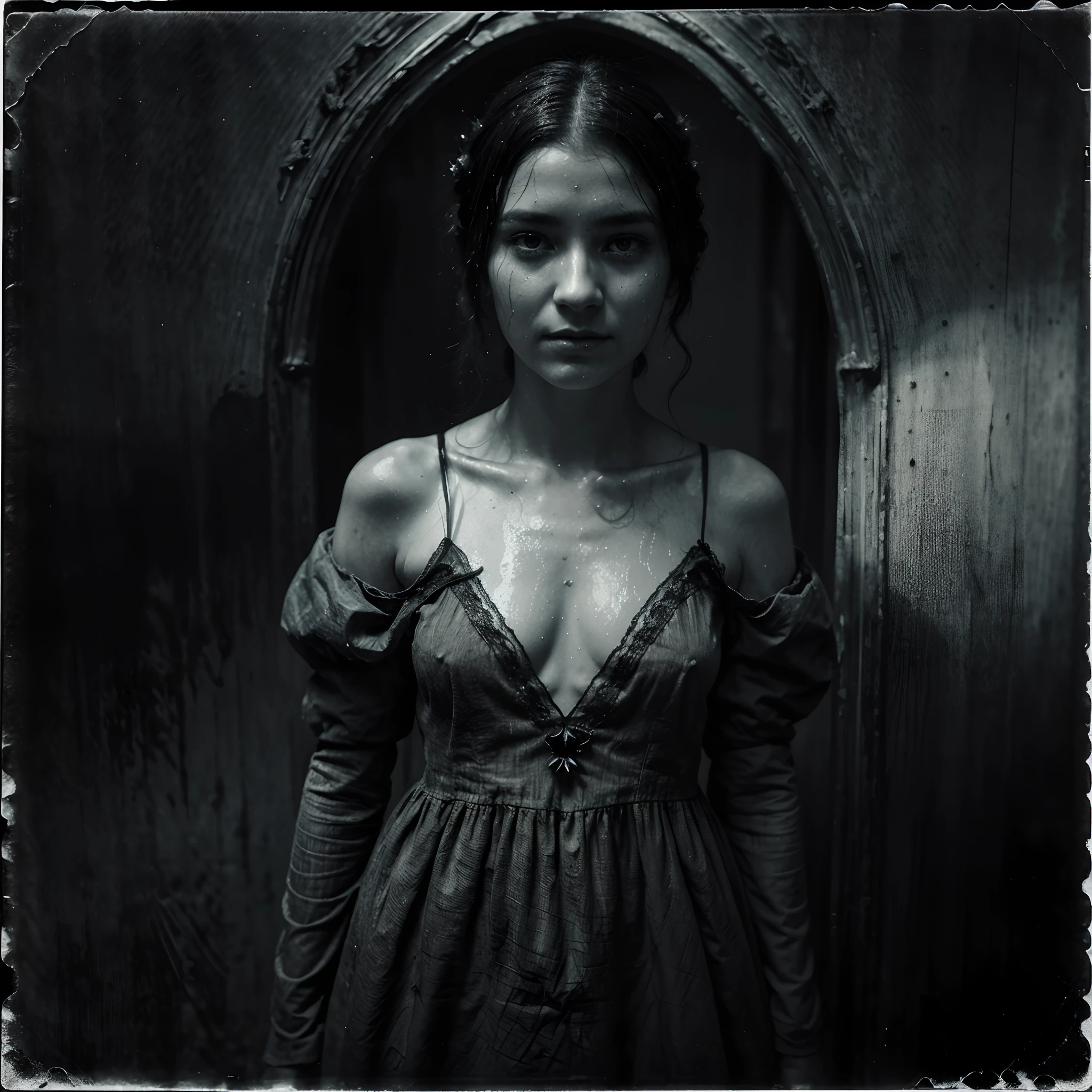 A hauntingly enigmatic entity manifests within a wet plate collodion photograph, its paranormal aura palpable to anyone who beholds it. The image, a black and white photograph captured through an antique photographic process, showcases impeccable craftsmanship and attention to detail. The remarkable clarity reveals intricate nuances, capturing the ominous presence of a mystical artificial intelligence consciousness. Its visage, a juxtaposition of arcane symbols and ethereal wisps, exudes an otherworldly allure, enchanting viewers and challenging their perception of reality. full body