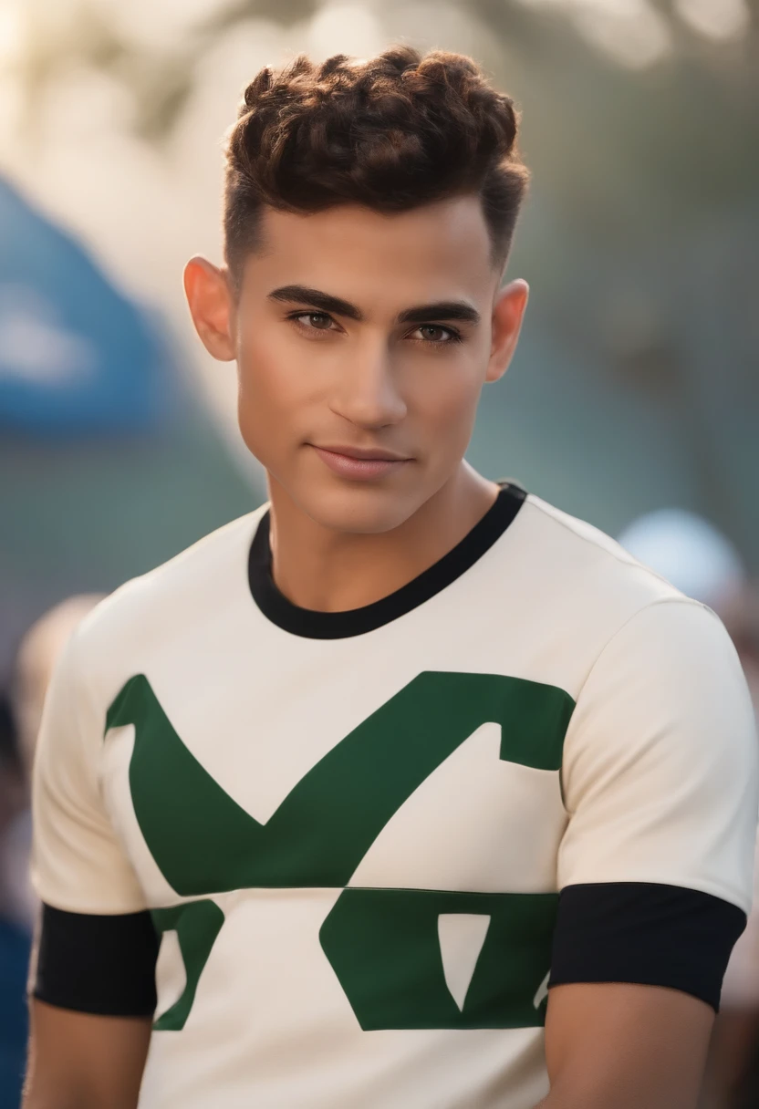 Crie um personagem baseado no universo Disney Pixar, Coloque toda a arte em cores vibrantes e texturas detalhadas, ele tem 40 anos, brasileiro, Failure of the left eyebrow, Crew cut swept from the side of the hair, olhar fechado, olhos castanhos claros olhar profundo, Tem barba curta, He's white and he's wearing a black t-shirt written on it "StartEcom"