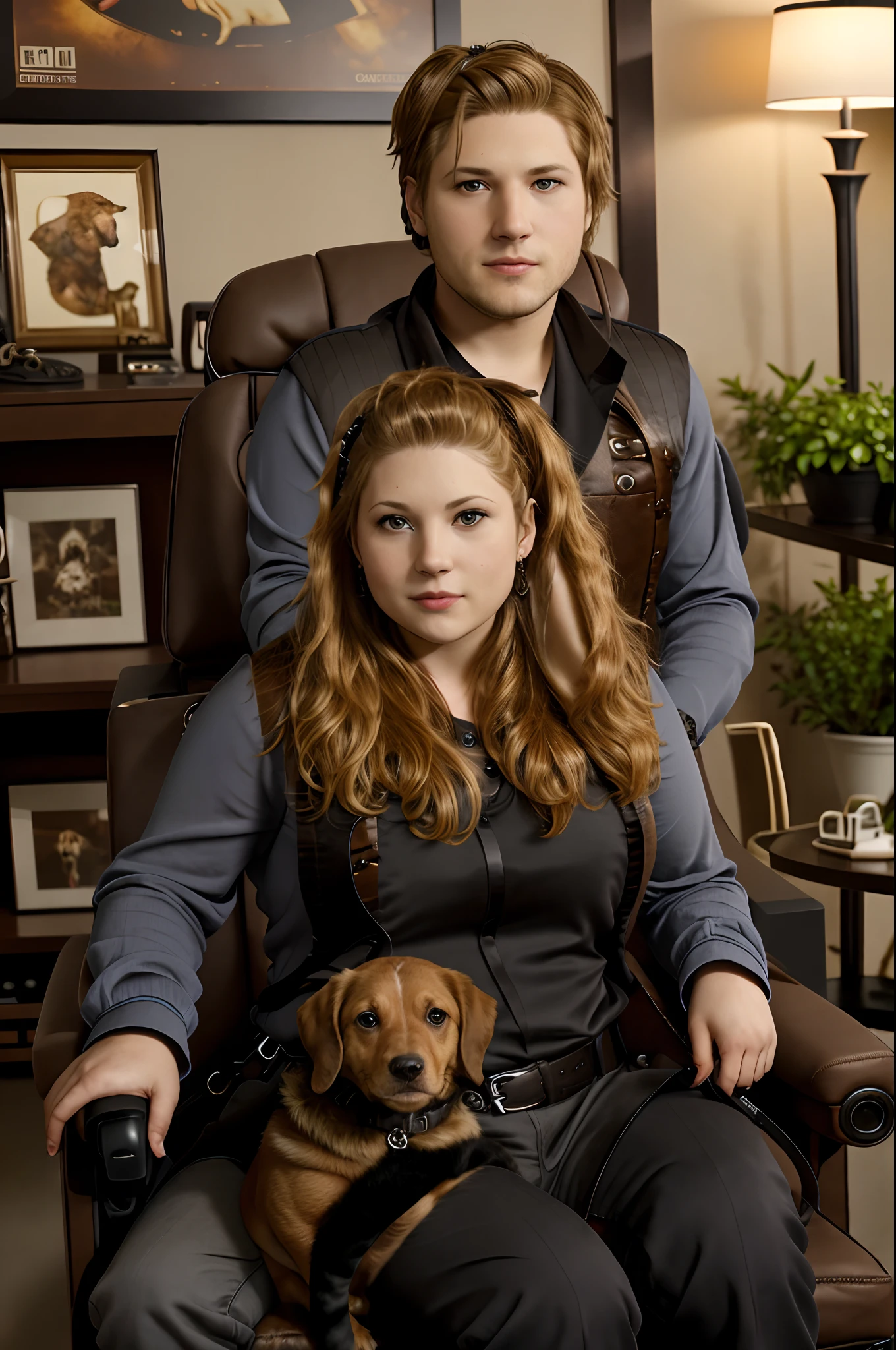 chubby man with long brown hair sitting on a gamer chair holding a dachshund dog with dark black fur