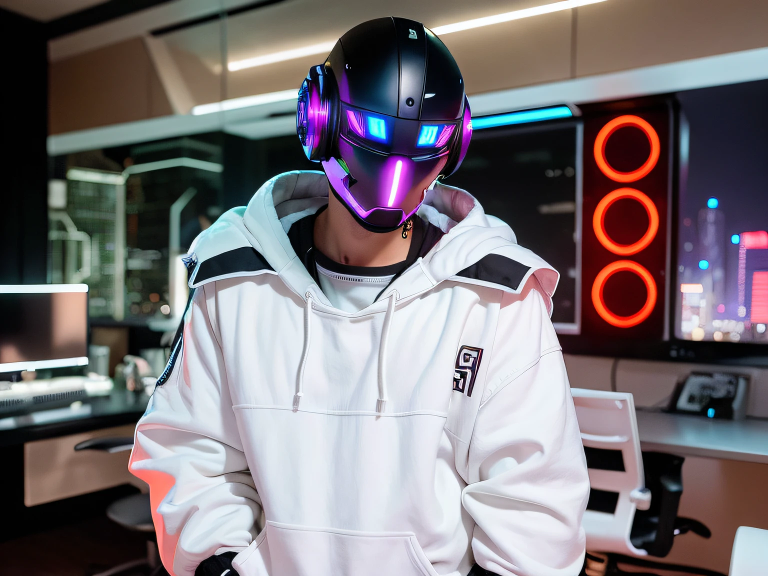 cybernetic, cyberpunk room, robots, neon, lights, realistic