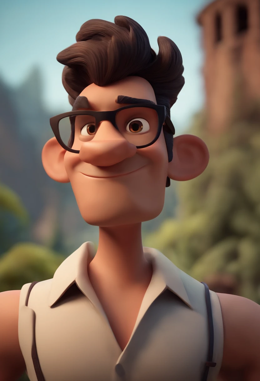 Cartoon character of a man with black glasses, cabelo cacheado marrom escuro e uma camisa azul, animation character, Caractere estilizado, animation style rendering, 3D estilizado, Arnold Maya render, 3 d render stylized, toon render keyshot, Personagem 3D, Personagem 3D, 3d rendering stylized, 3 d character render, personagem de desenho animado, Personagem de close up, Pose de personagem, (Estilo Pixar) (master part:1.2) (Bokeh) (best quality) (pele detalhada) (textura detalhada) (8k) (argila) (Cinematic lighting) (foco nítido