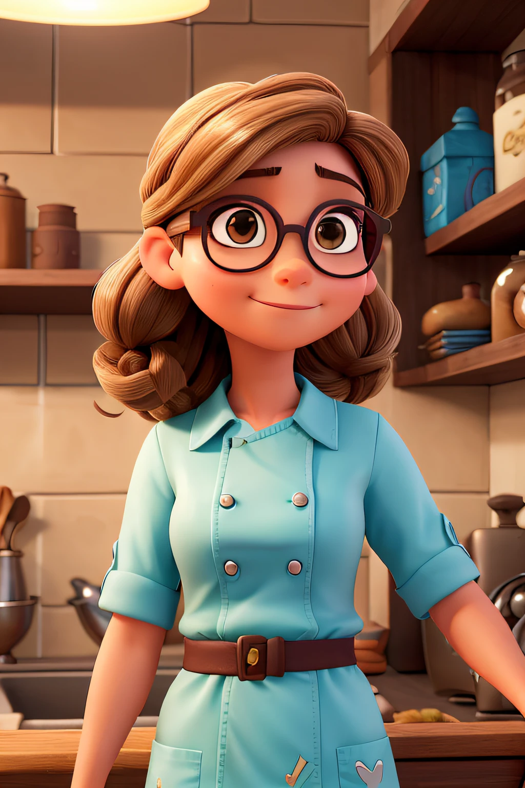 criar uma mulher, 40 anos, chef trabalhando na confeitaria, olhos marrom escuros, rectangular glasses, cabelo liso comprido, cabelo marrom claro, cabelo com mechas douradas, cabelo repartido no meio, mais gordinha, no estilo disney pixar
