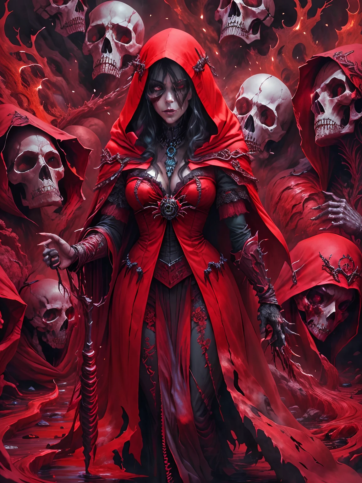 Close-up of a bunch of skulls in red hoods, blood raven,Beautiful bride in the middle, goddess of death, detailed 4k horror artwork,eerie highly detailed, Omen of bones, eerie art style, eerie and grim art style, Undead. Highly detailed, detailed 4k horror artwork, andreas rocha style, 8K high quality detailed art, inspired by Andreas Rocha, Red, Rivers of blood flow,Bloody +Red liquid+ conceptual art