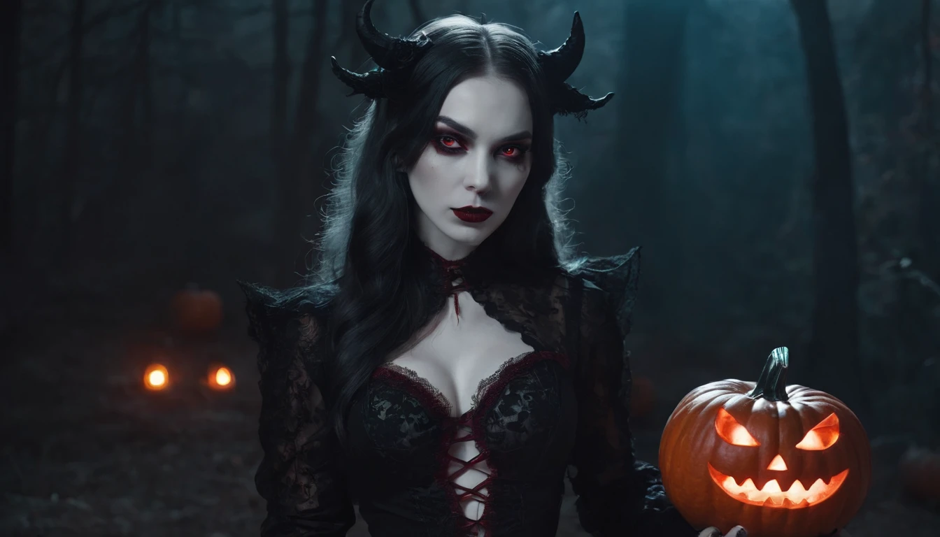 demon woman with pale skin and red glowing eyes holding an halloween pumpkin at night, dressed in lingerie, gothic aesthetic, halloween vibes, horror cinematic, ultra detailed, masterpiece.