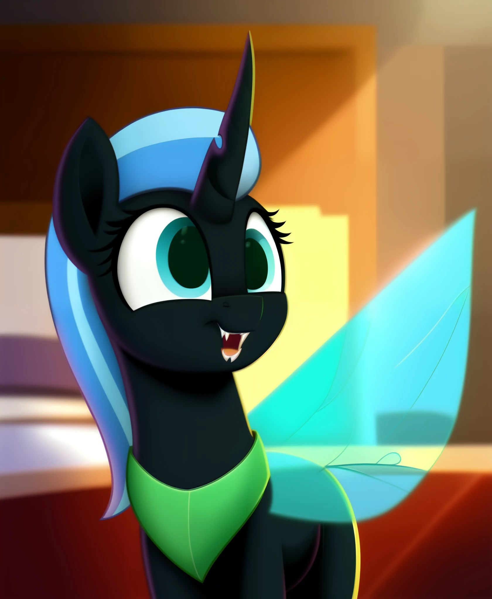 feral changeling, portrait, ((bedroom,)), (masterpiece), (raytracing), (cinematic lighting), triadic lighting, High Definition, light particles, (shading), glowing cyan eyes, cyan wings, blue backplate, ((pony body)), (((perfect anatomy))), {my little pony}, ((((cute)))), (((female))), ((fangs)) ((yuris style))