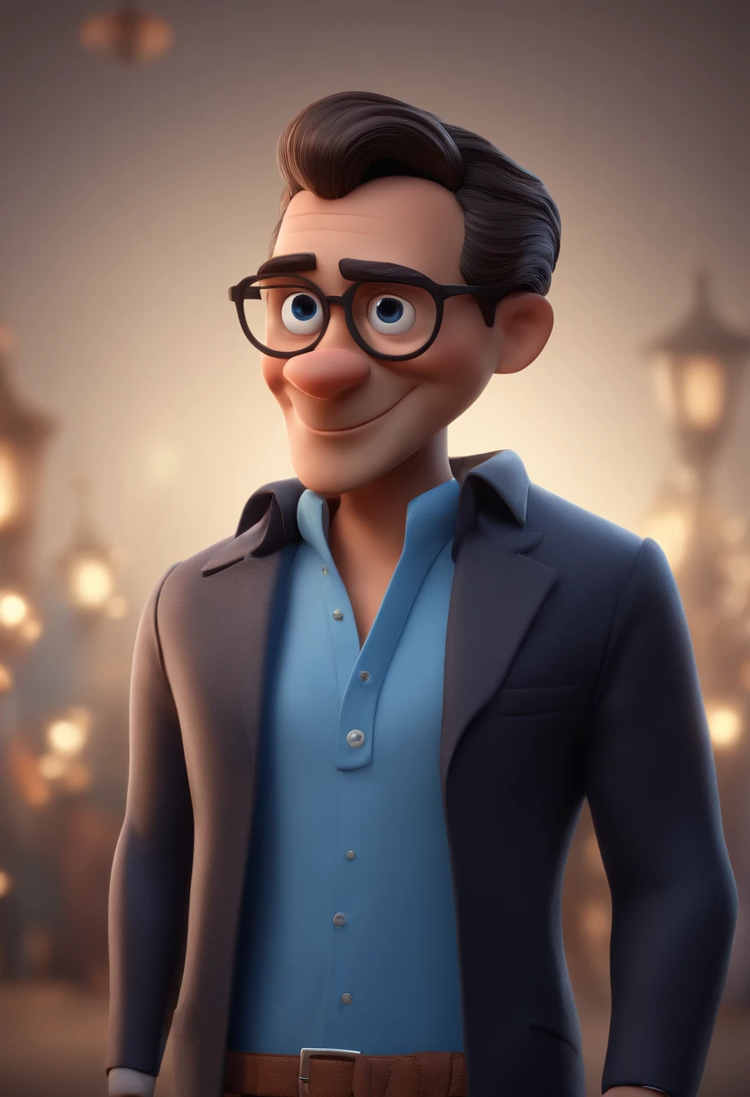 Cartoon character of a man with black glasses and a blue shirt, animation character, Caractere estilizado, animation style rendering, 3D estilizado, Arnold Maya render, 3 d render stylized, toon render keyshot, Personagem 3D, Personagem 3D, 3d rendering stylized, 3 d character render, personagem de desenho animado, Personagem de close up, Pose de personagem,  (Estilo Pixar) (master part:1.2) (Bokeh) (best quality) (pele detalhada) (textura detalhada) (8k) (argila) (Cinematic lighting) (foco nítido