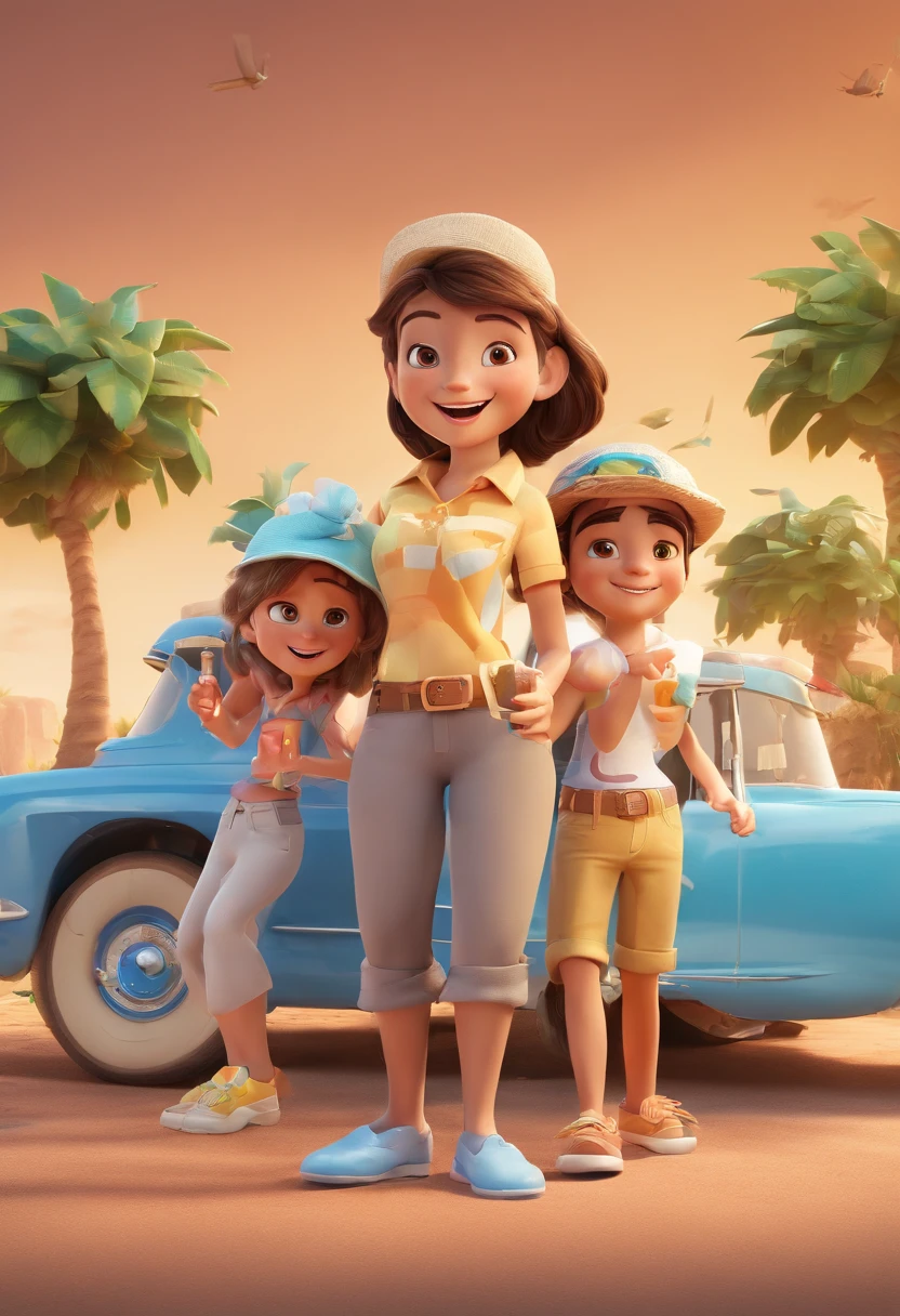 Cartoon of friends having fun on vacation together, 3D Animation Movie Poster, Poster de filme animado, pixar 3 d animation style, pixar renderman rendering, maia 8 mil, animated film, Disney Pixar Estilo 3D, amigos felizes saem juntos, all wearing light blue shirts and cream brown long pants, camisa azul clara, cream brown pants, ao ar livre, vacation, Disney Pixar Animation Poster
