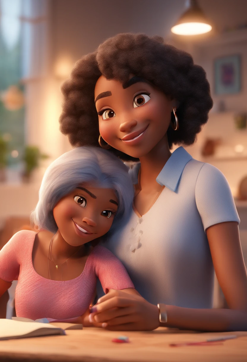 An illustration of an adorable couple, highlighting a black woman with beautiful expressive eyes - the skin is white and the hair is straight and black, while the other woman's skin is black and the woman's hair is straight and brown. They are a bright room, cada um com um sorriso no rosto, e compartilhar um momento especial caracterizado pelo amor, Insights. Illustrate this scene from a perspective where they are facing the camera, Smiling and Showing Your Connection. Desenvolva esta arte em Full HD, Focus on your cinematic touch, Estilo Disney Pixar Animations
