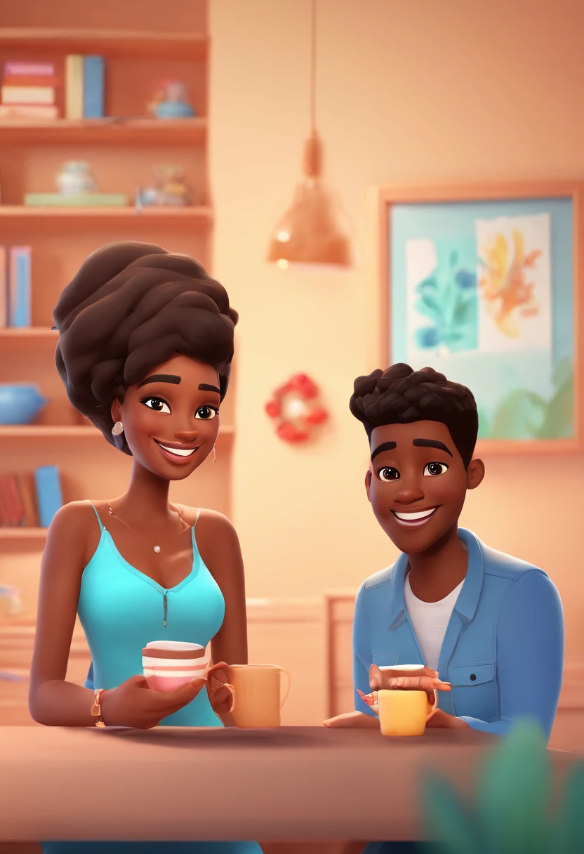 An illustration of an adorable couple, Destacando um homem branco e uma mulher negra cabelo liso, with beautiful expressive eyes – the man's skin is white and the man's hair is straight and black, while the woman's skin is black and the woman's hair is straight and brown. They are a bright room, cada um com um sorriso no rosto, e compartilhar um momento especial caracterizado pelo amor, Insights. Illustrate this scene from a perspective where they are facing the camera, Smiling and Showing Your Connection. Desenvolva esta arte em Full HD, Focus on your cinematic touch, Estilo Disney Pixar Animations