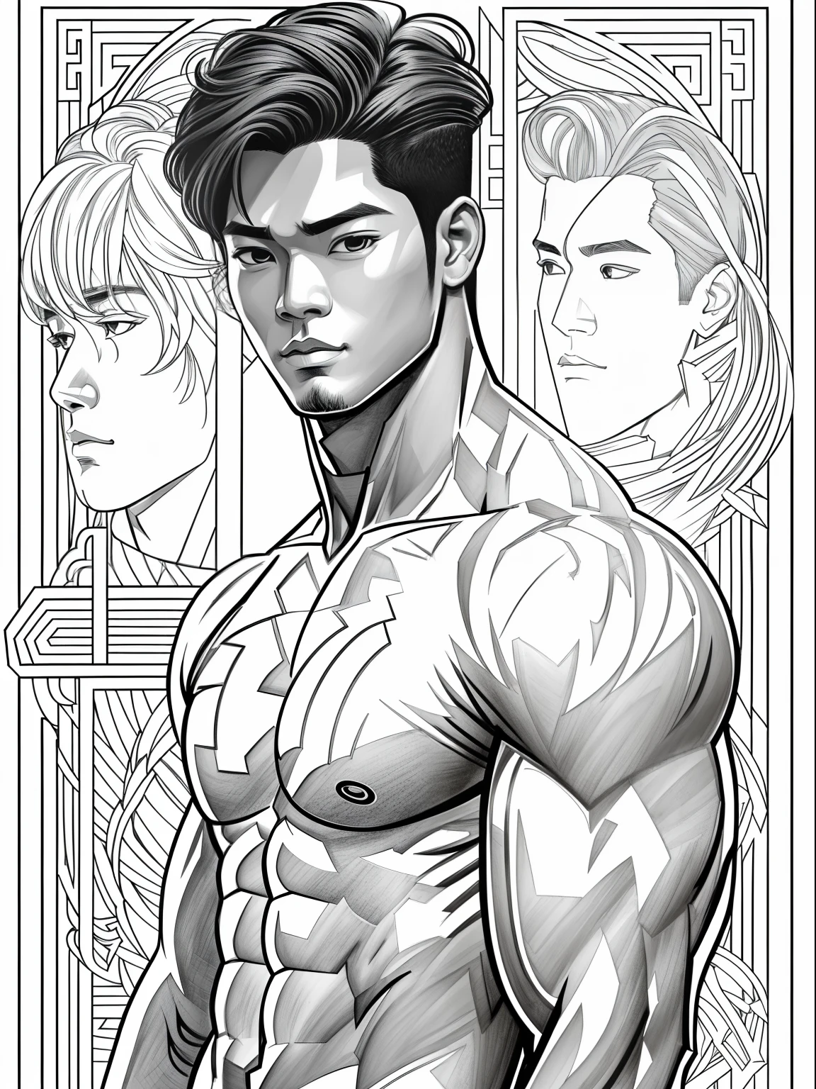 (Obra maestra) (((Alta semejanza))) 1080p, 8k, dibujo, empty background, ((fondo blanco liso)), hombre siatico sin remera, leyendo, (asiatico, hombre , BTS), ((rowoon, Muscular 25 years: 1.3))Arte lineal monocromo, Detalles finos, best illustration, Dibujado a mano de alta calidad, (alto contraste), (clean lines: 1.3), (asian man, Arte de masculinidad muscular desnuda), line drawing, (Complex lines), Clear lines, Arte fractal (Retratos de cuerpo entero, Primer plano extremo: 1.1), (Hombre musculoso) (Fondo blanco),sin remera, The perfect feature of a supermodel, Full length show (pelo corto, Asian male supermodel), Chico, Enveloping composition, Pecho y abdominales perfectos, extremadamente provocativa y sexy (Add details), (Antecedentes detallados: 1.2), (core,), High resolution, Detalle extremo ((Asian male supermodel，Super art)) ((Pantalla de cuerpo completo, Viewing extreme details: 1.2)), imprimible, Caja fuerte para impresoras, Arte lineal monocromo, Traje de color blanco, Arte lineal, Escala de grises ,  Cuerpo atractivo.